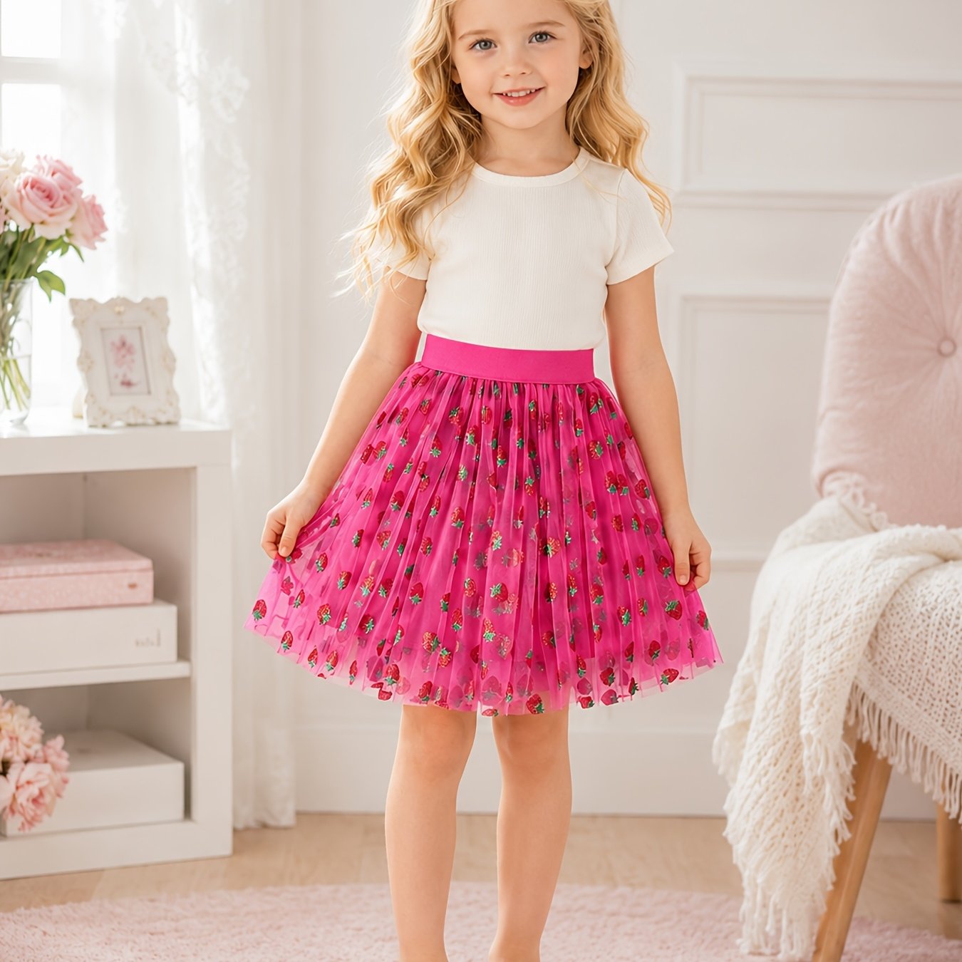 Image of Pink Cute Strawberry Mesh Skirt, Princess Pink Tulle Skirt, Girls' Mesh Skirt