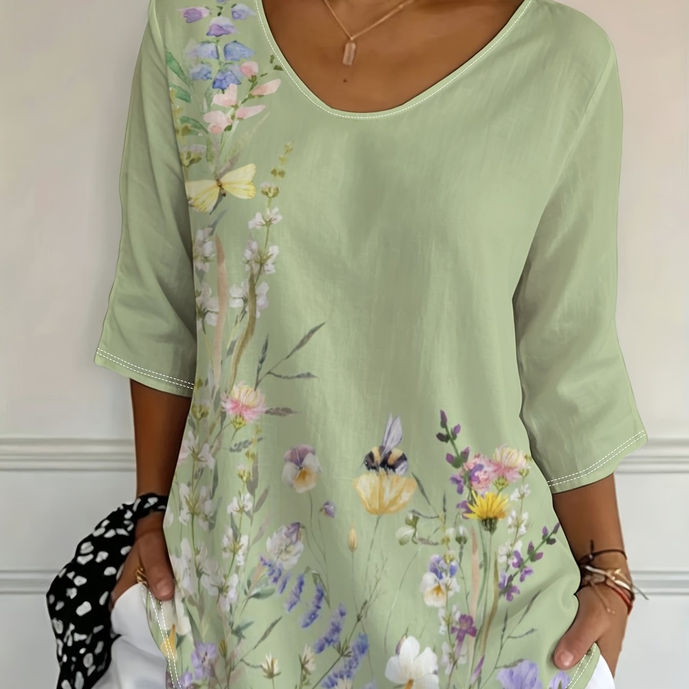 TEMU Plus Size - [printed Design Non-texture] European And Fashion Holiday Women's Regular Fit Floral -quarter Sleeve T-shirt Top