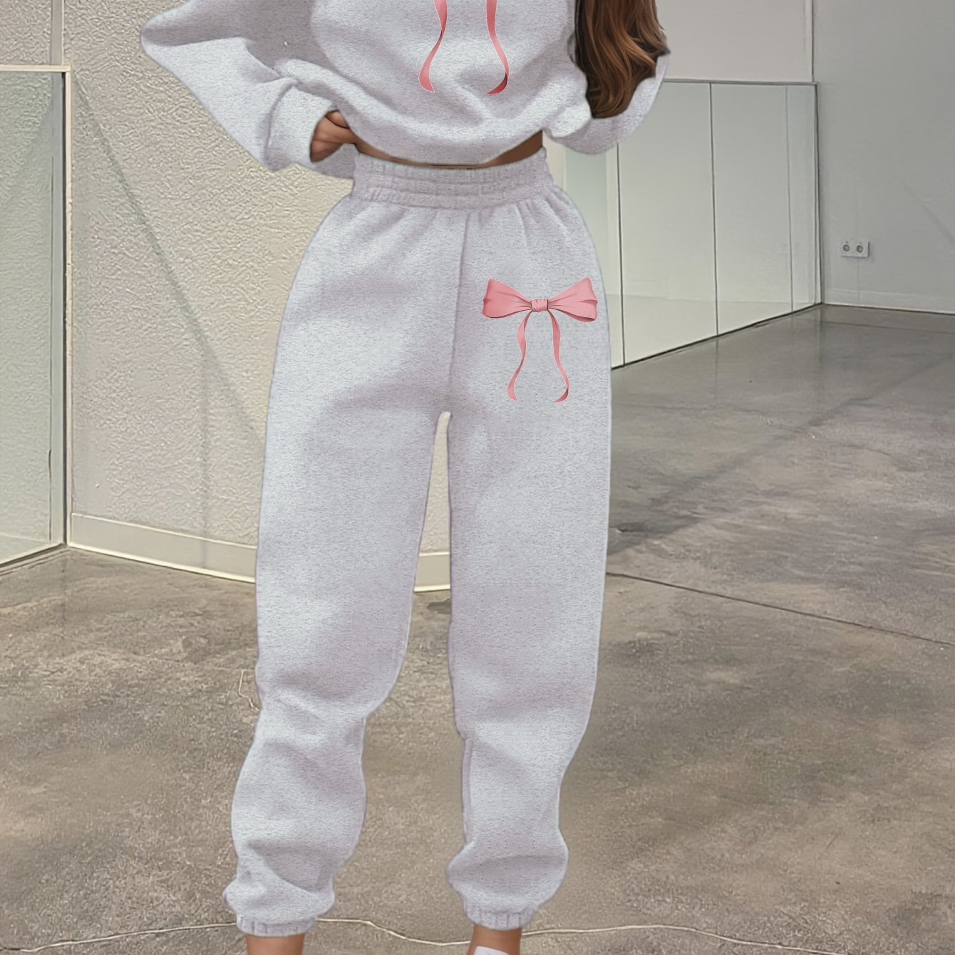 TEMU Autumn Winter New Women's Round Neck Long Sleeve Sweatshirt Set Simple Casual Versatile Pink Bow Pattern On Chest Adds With Jogger Sweatpants