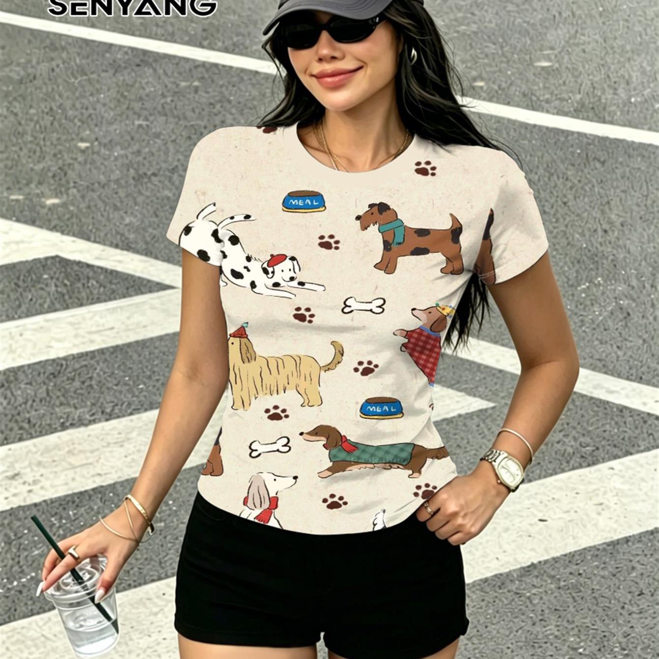 TEMU Women's Short Sleeve T-shirt, Cartoon Cute Dog Hand-painted Pattern Round Neck Top, Casual All-match Summer New Style, Design For Daily Wear, ,