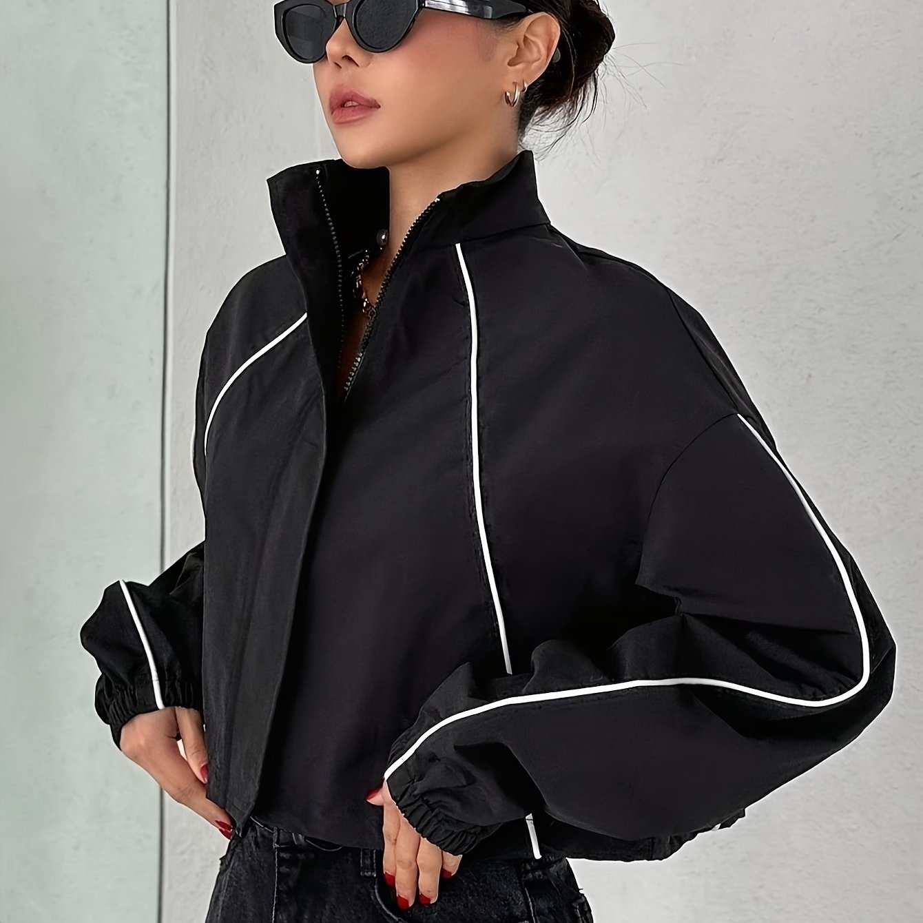 TEMU Women's Spring New European And Stand Collar Color Blocking Zipper Raglan Sleeve Drawstring Loose Jacket Women's Short Loose Jacket Top
