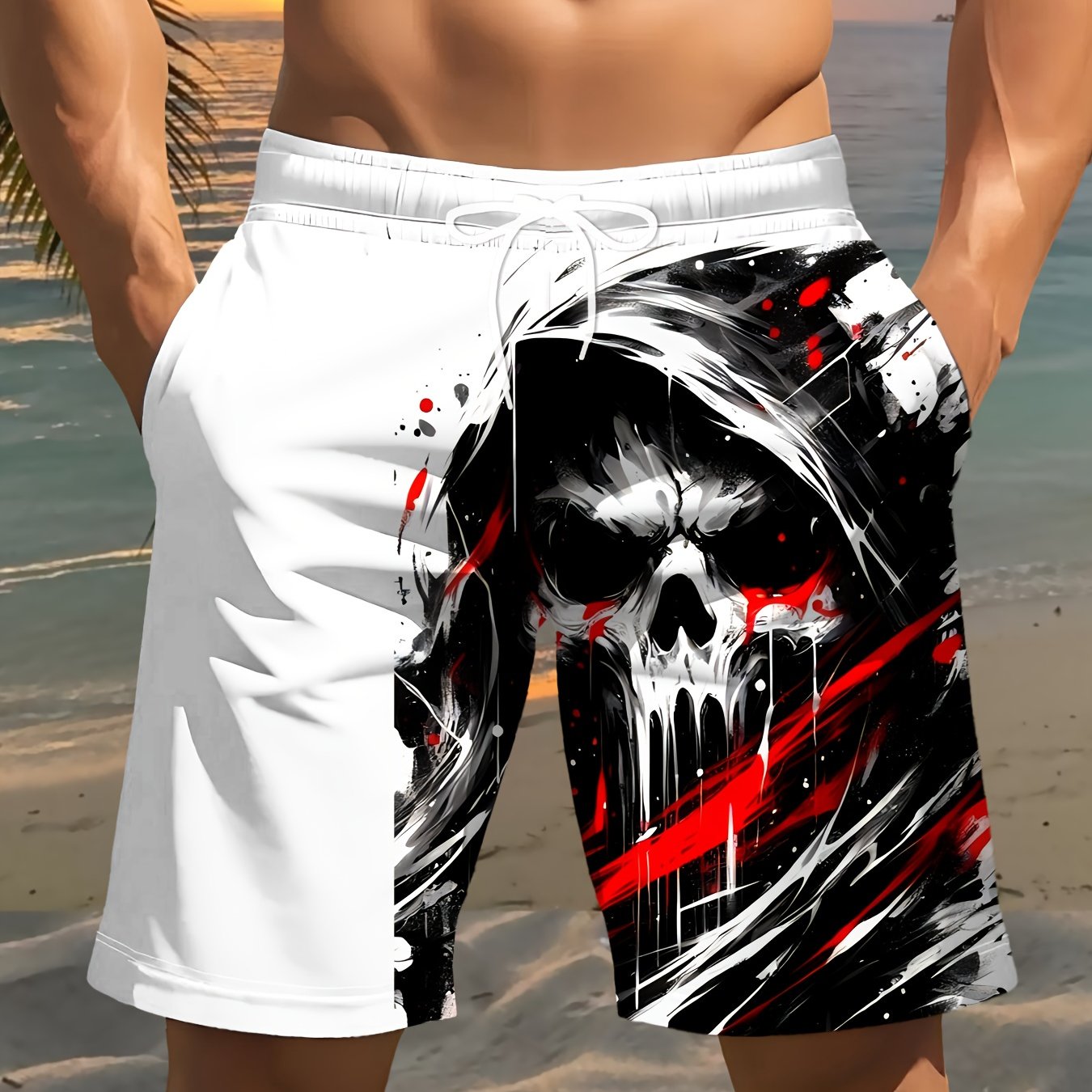 TEMU Men's Fashion Print Beach Shorts, Skull Pattern/print, - Casual Fiber Drawstring Waist, Summer Lightweight Comfortable, Casual Wear | Drawstring
