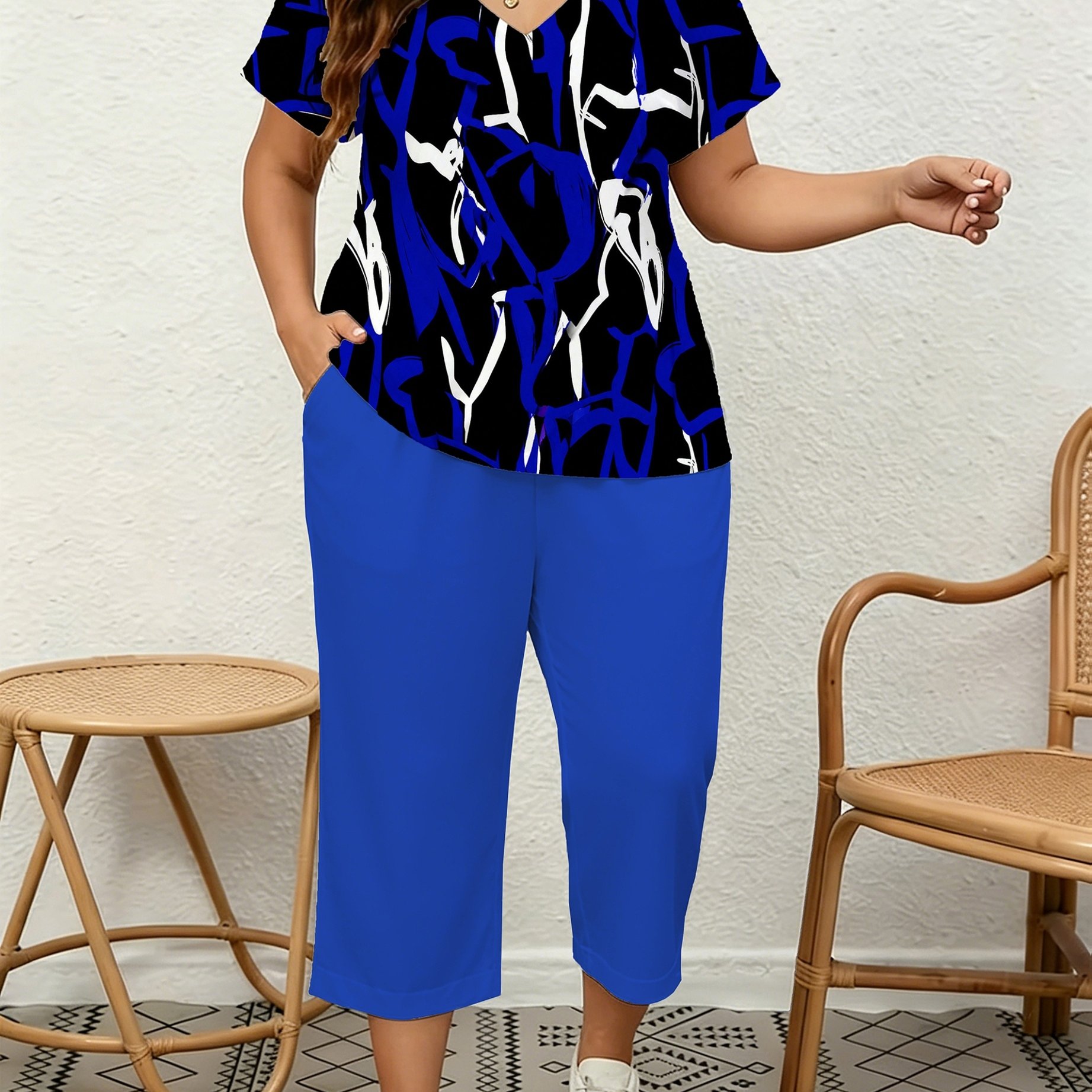 TEMU Plus Size - Plate-size Suit - Women's V-neck Elegant And Fashionable Two-piece Set, With Irregular Marble Striped Printed T-shirt And Pocket