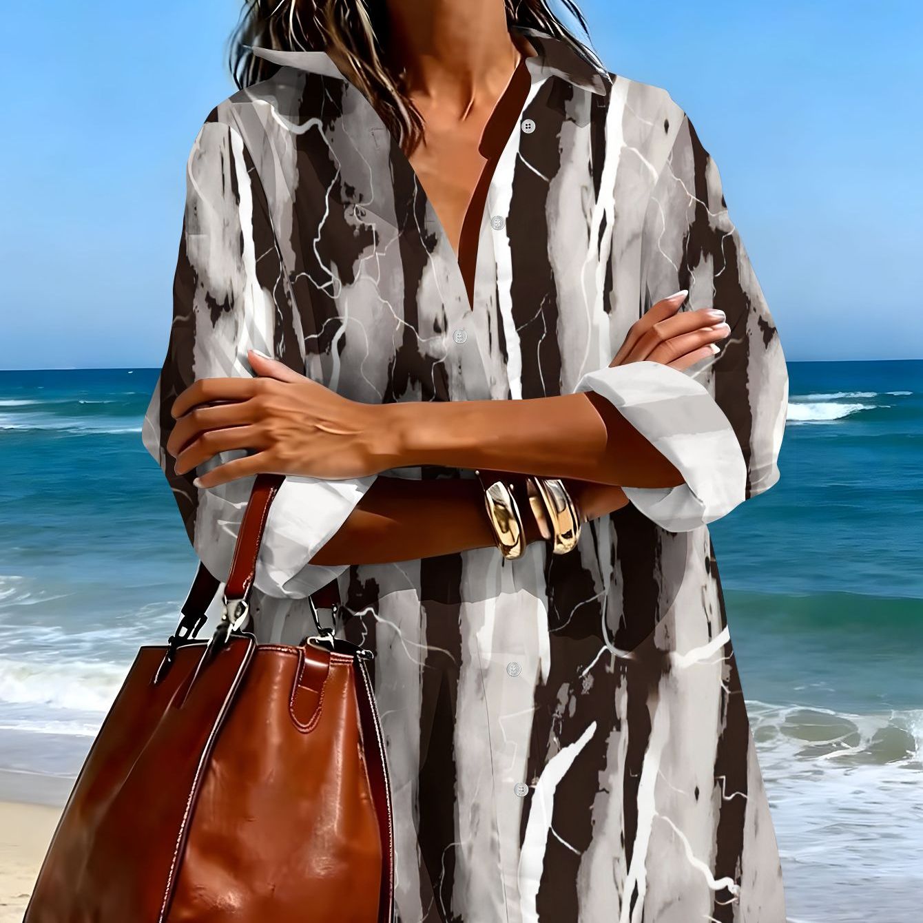 TEMU Women's Fashion Printed Long Sleeve Shirt Dress, Black And Texture Pattern, Summer Casual Wear