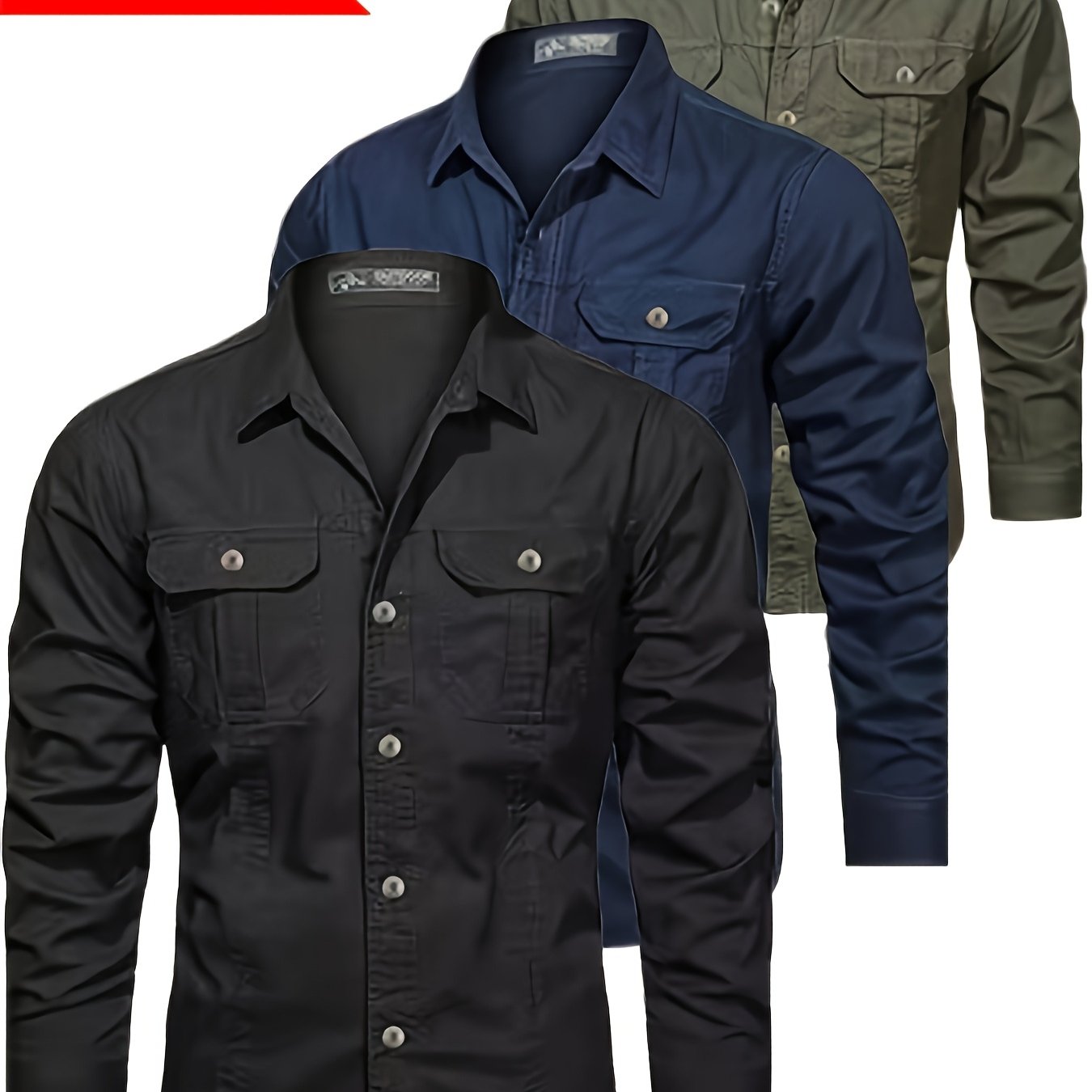 TEMU 3pcs Men's Spring-autumn Casual Button- Loose Breathable Work Shirt With Pockets