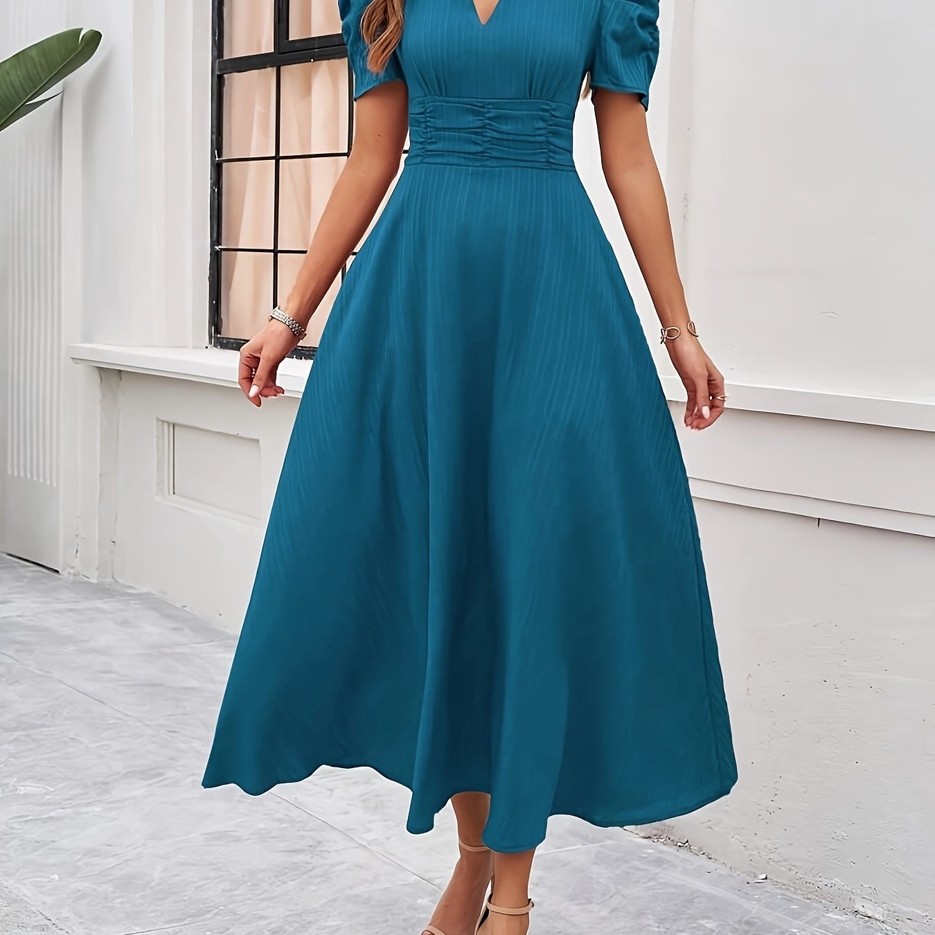 TEMU Solid V-neck Elegant Dress