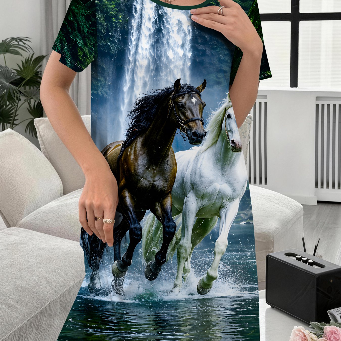 TEMU Halloween Women's Nightgown With Landscape And Double Horses Print. Soft And Comfortable For Indoor Wear, This Ladies' Nightdress Serves As
