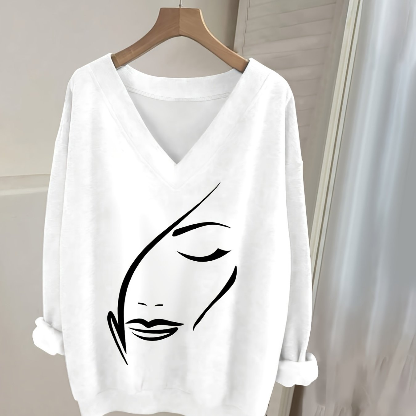 TEMU Sweat-shirt décontracté à manches longues et col en V pour femme avec impression de visage, pull à manches longues pour femme, haut tendance à