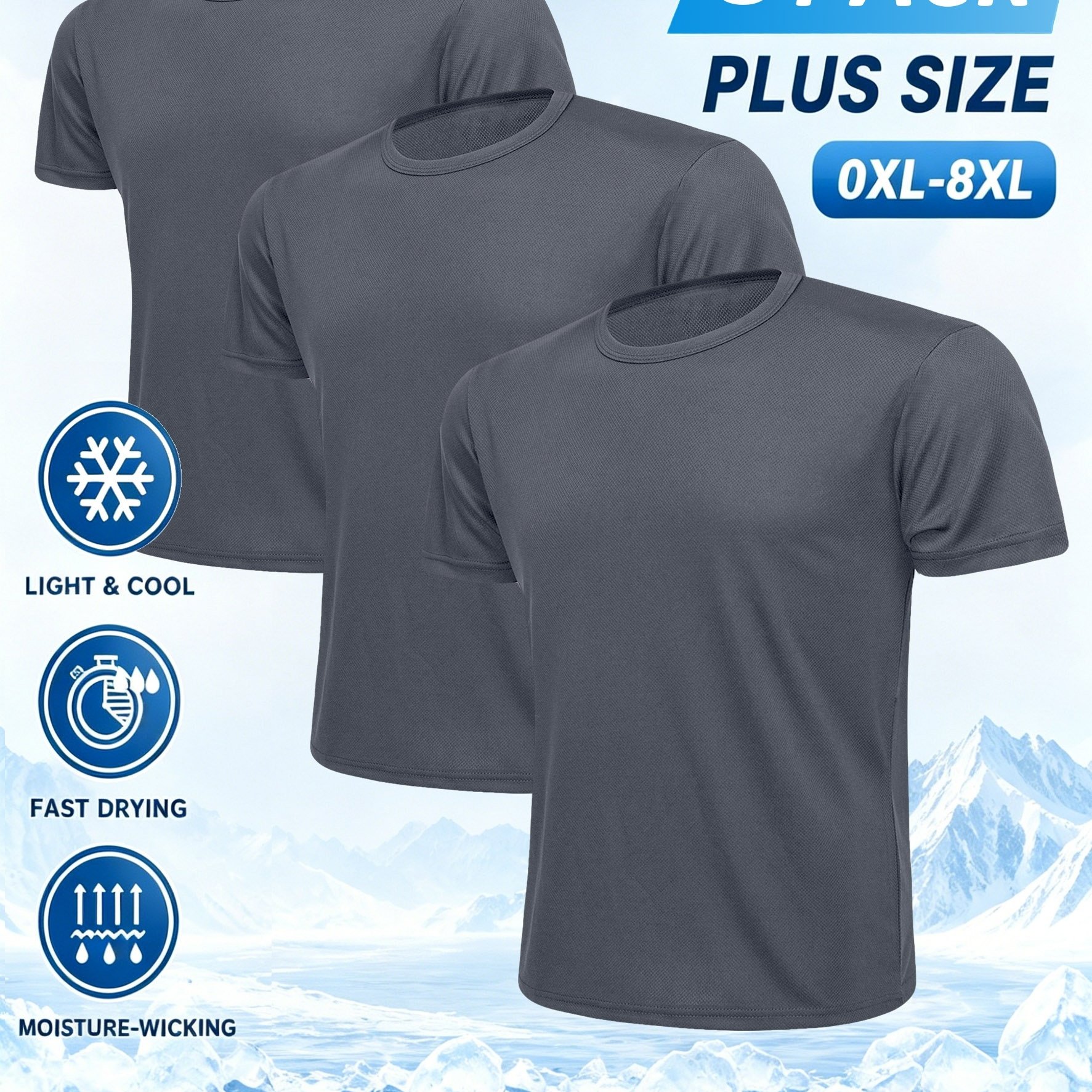 TEMU 3pcs Plus Size Men' T-shirt, Dark Gray Blue Red Fluorescent Green, Quick Drying Breathable Round Neck Short Sleeved Top, Washable Sports Top,