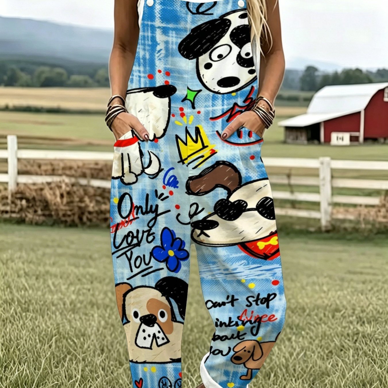 TEMU Women's Loose, Straight-leg Utility Jumpsuit Featuring Blue Pattern And A Cartoon Puppy Doodle Print; A , Multi-pocket .