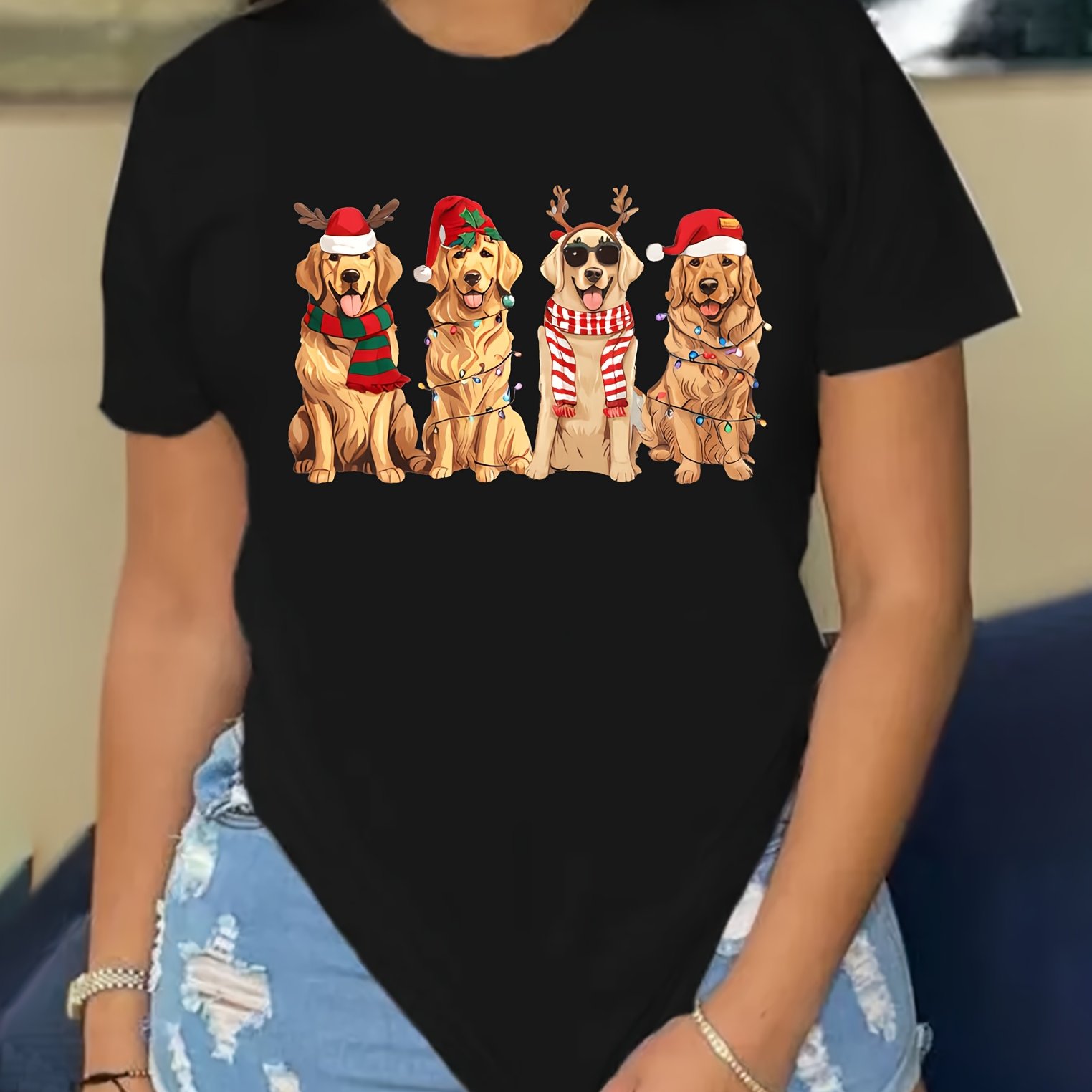 TEMU Christmas Theme, Dog T-shirt, Short Sleeve Crew Neck Casual Top For Summer & Spring, Women's Clothing