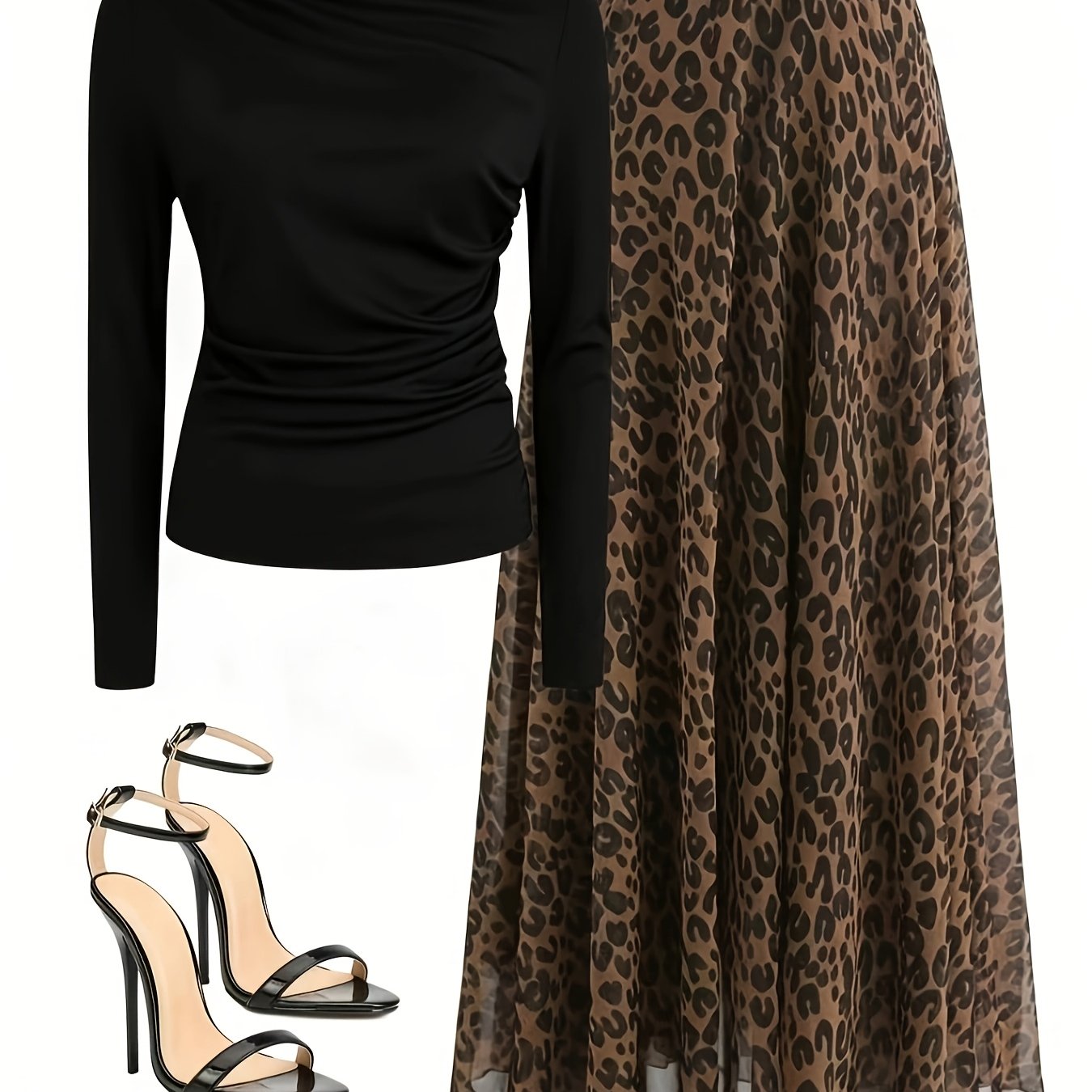TEMU Solid Color Stand Collar Long Sleeve Ruched Slim- And Leopard Print Skirt Women's Set