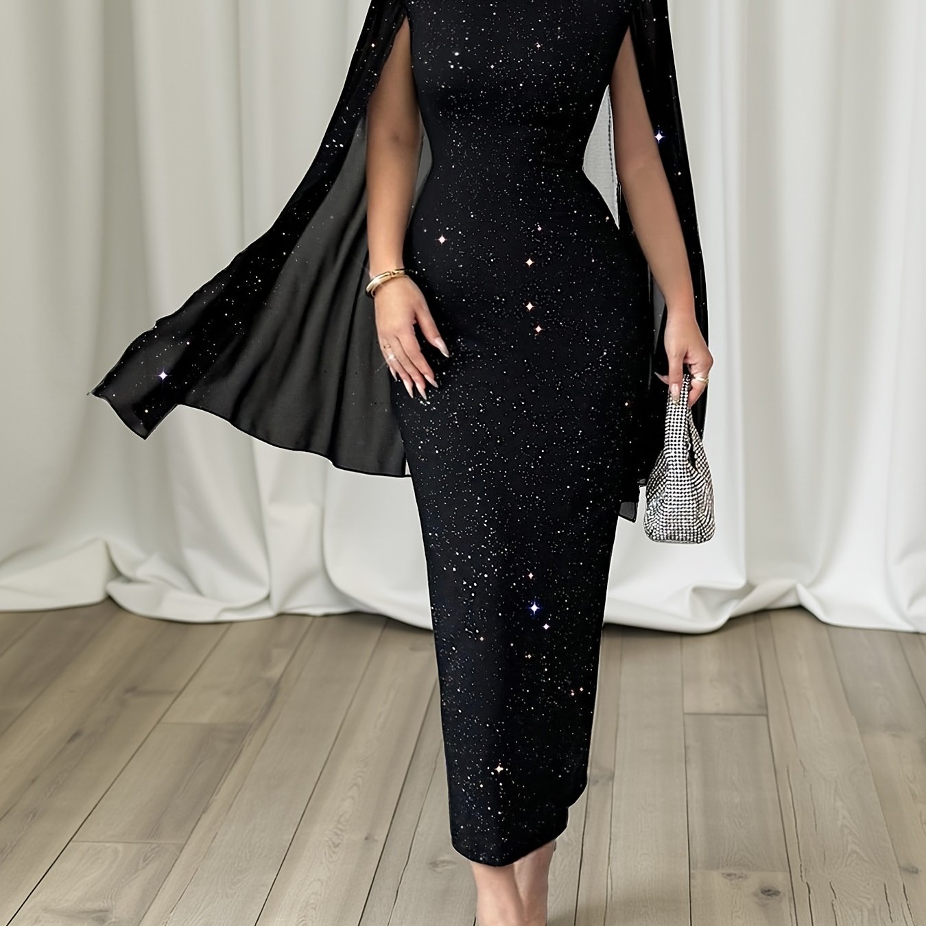 E-shop Damen Elegantes Slim-Fit Glänzendes Patchwork-Kleid mit Sternenhimmel-Print & Schlitzärmeln - Mittellanges Bleistiftkleid, Stehkragen,