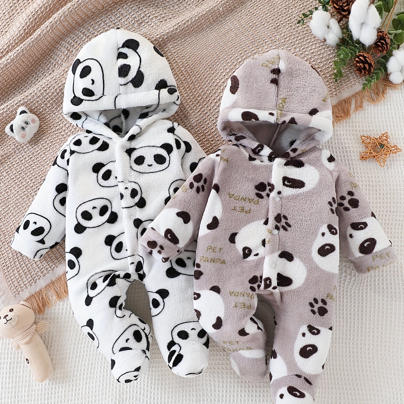 Image of Baby Boy Winter Cute Plush Panda Print Hooded Footed Bodysuit Two-piece Set With Buttons, Perfect For Outdoor Wear, Perfect For Outdoor