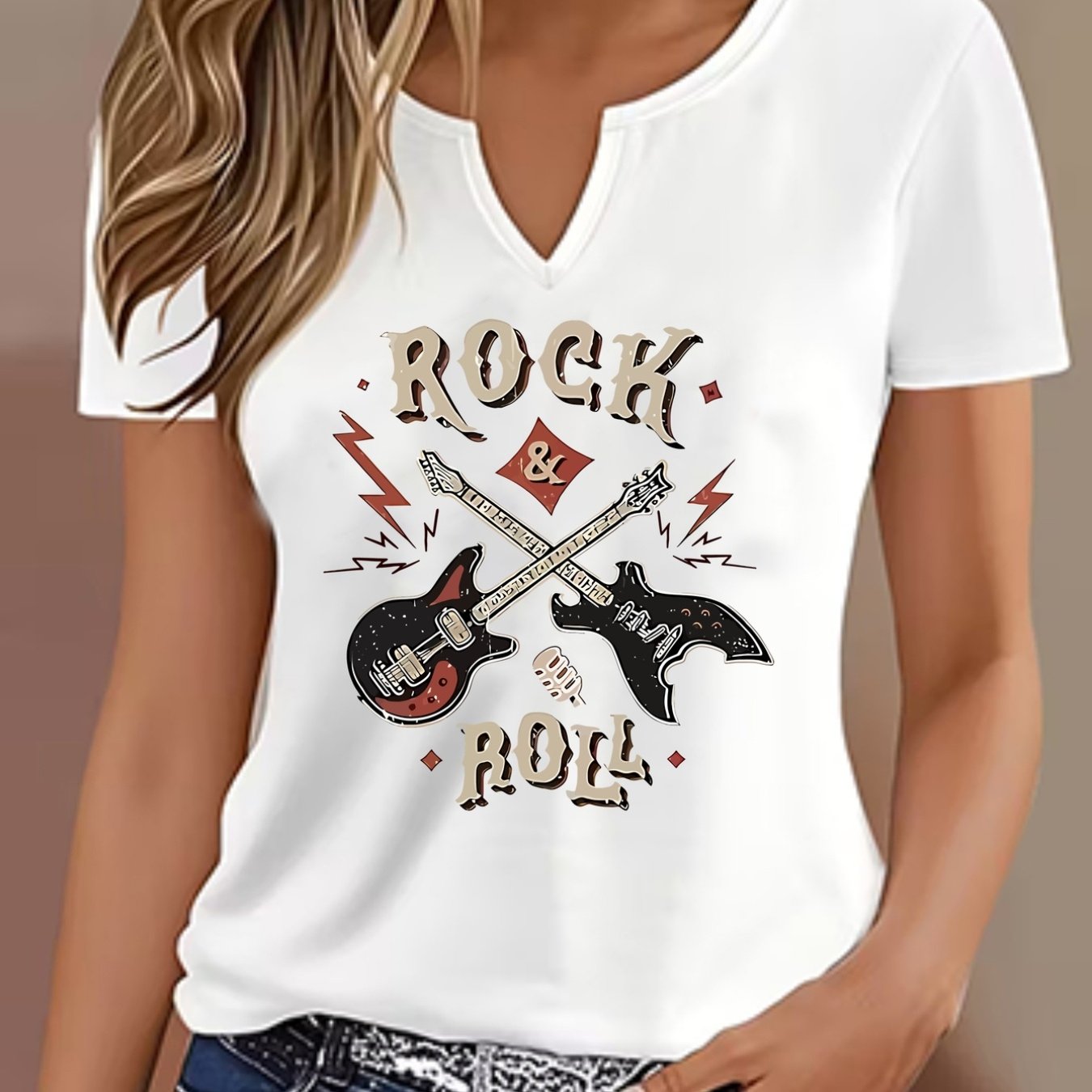 TEMU Women's Rock Style Electric Guitar Print V-neck Short Sleeve Blouse Suitable For Spring/summer/fall, Soft Comfortable Casual Top With V-neck &
