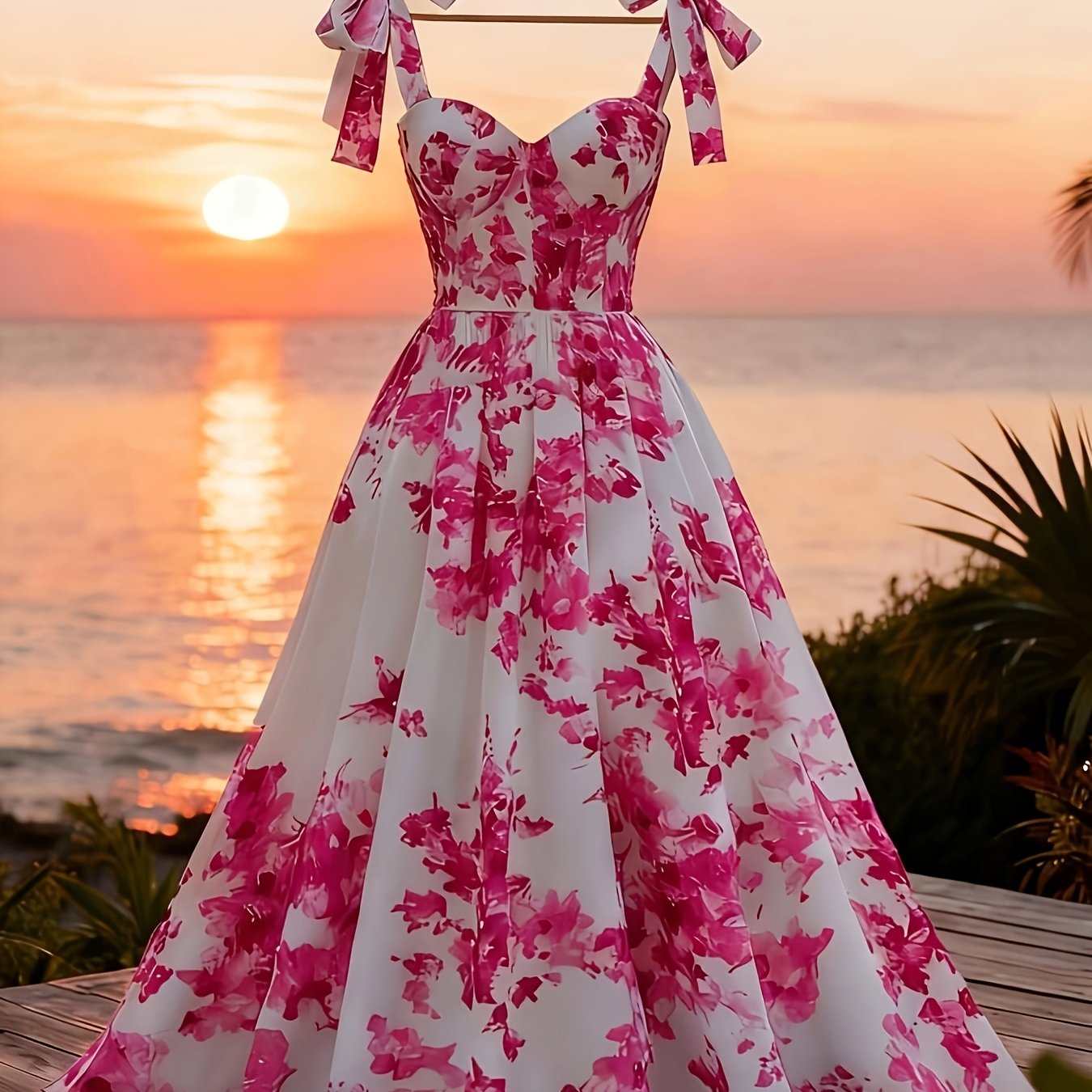 TEMU Floral Print Shoulder Tie Waistline Women's Elegant Vacation Dress