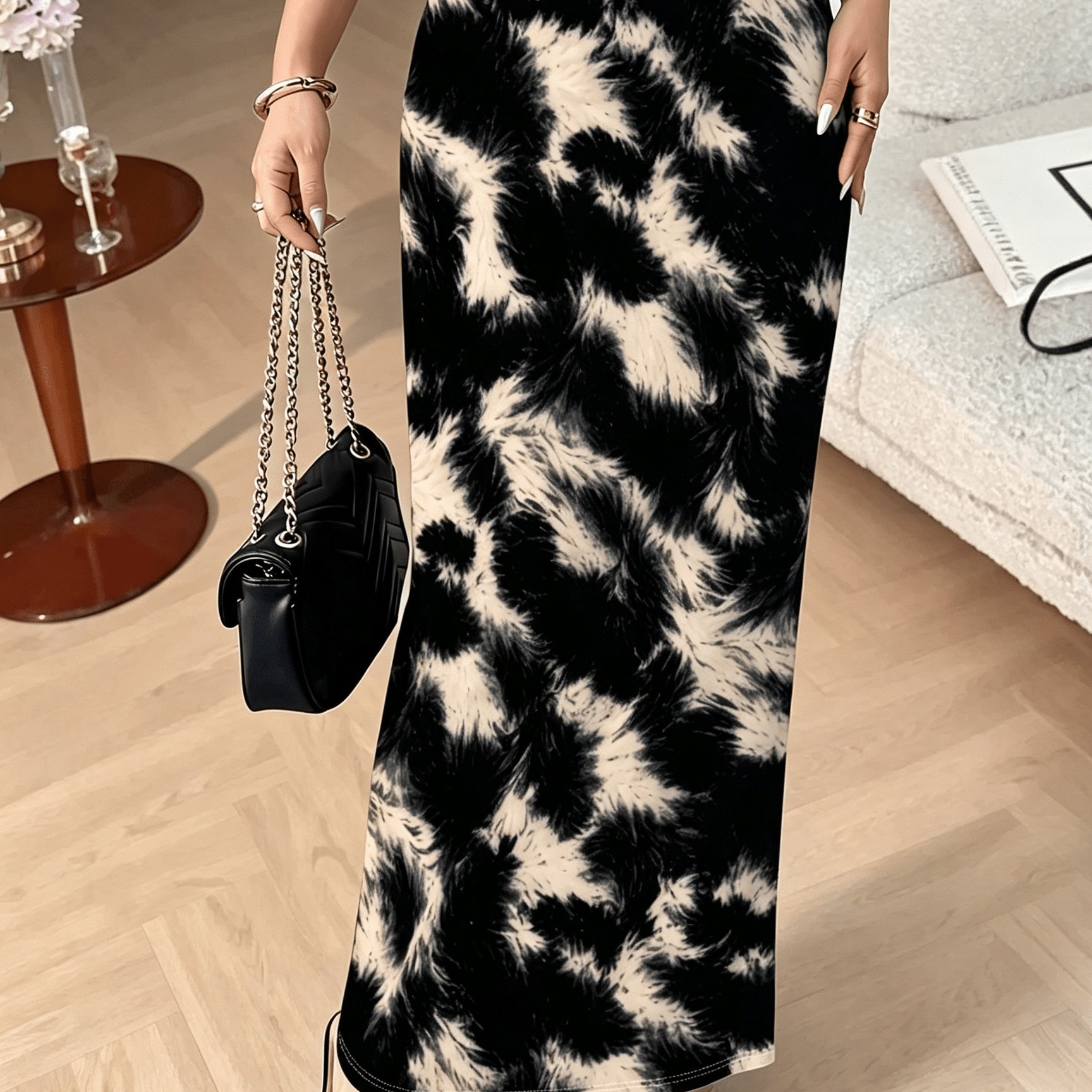 TEMU Women's High-waist Long Skirt, Color-block Abstract Print Maxi Skirt, Elegant Slim-fit Skirt, Suitable For Parties, Daily, And Casual Wear. The