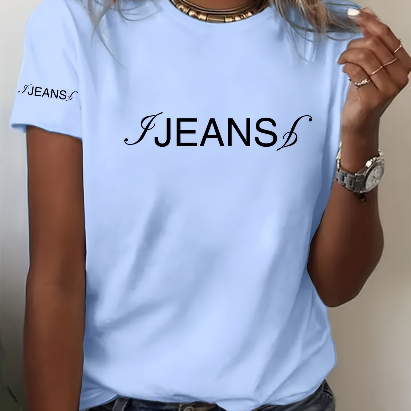 Image of Artistic Letter Double Print Pattern - Elegant And Fashionable - Women's Round Neck Pullover T-shirt, Casual Sport Short Sleeve, Sizes S-xxl, Multiple Colors