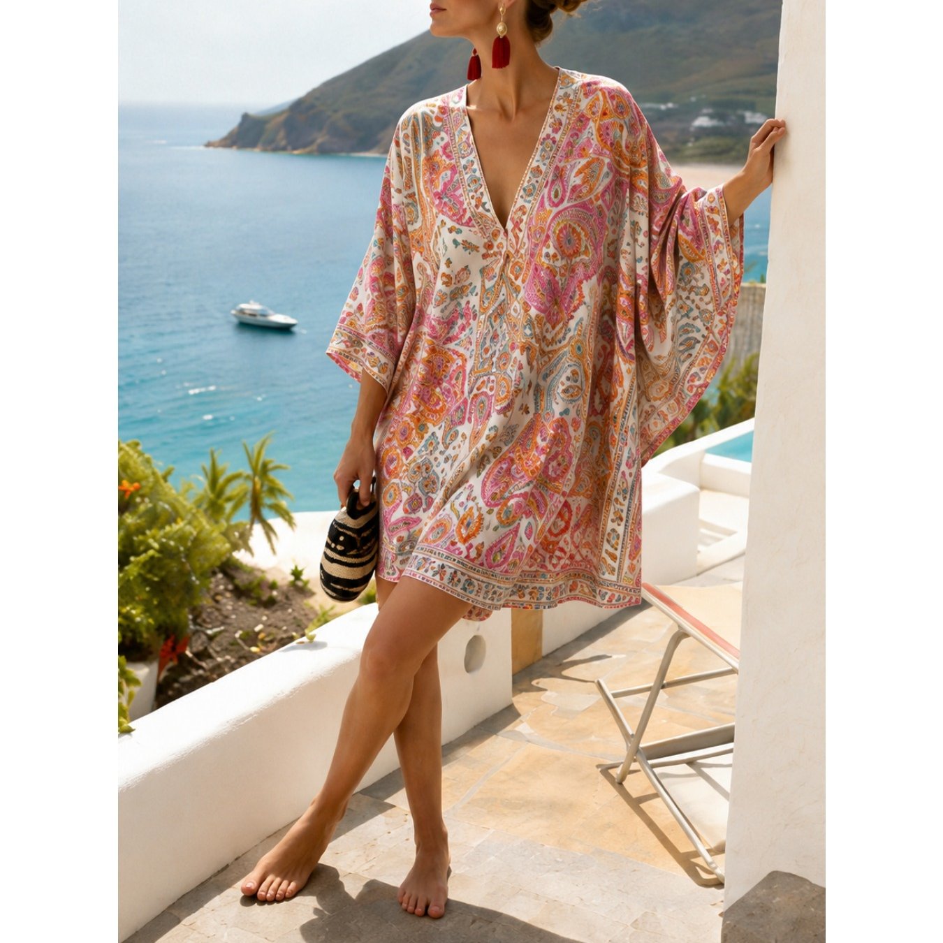 Image of Plus Size Women's Paisley Print Kaftan Dress, Soft Boho Border Tunic For Romantic Island Photo Styling