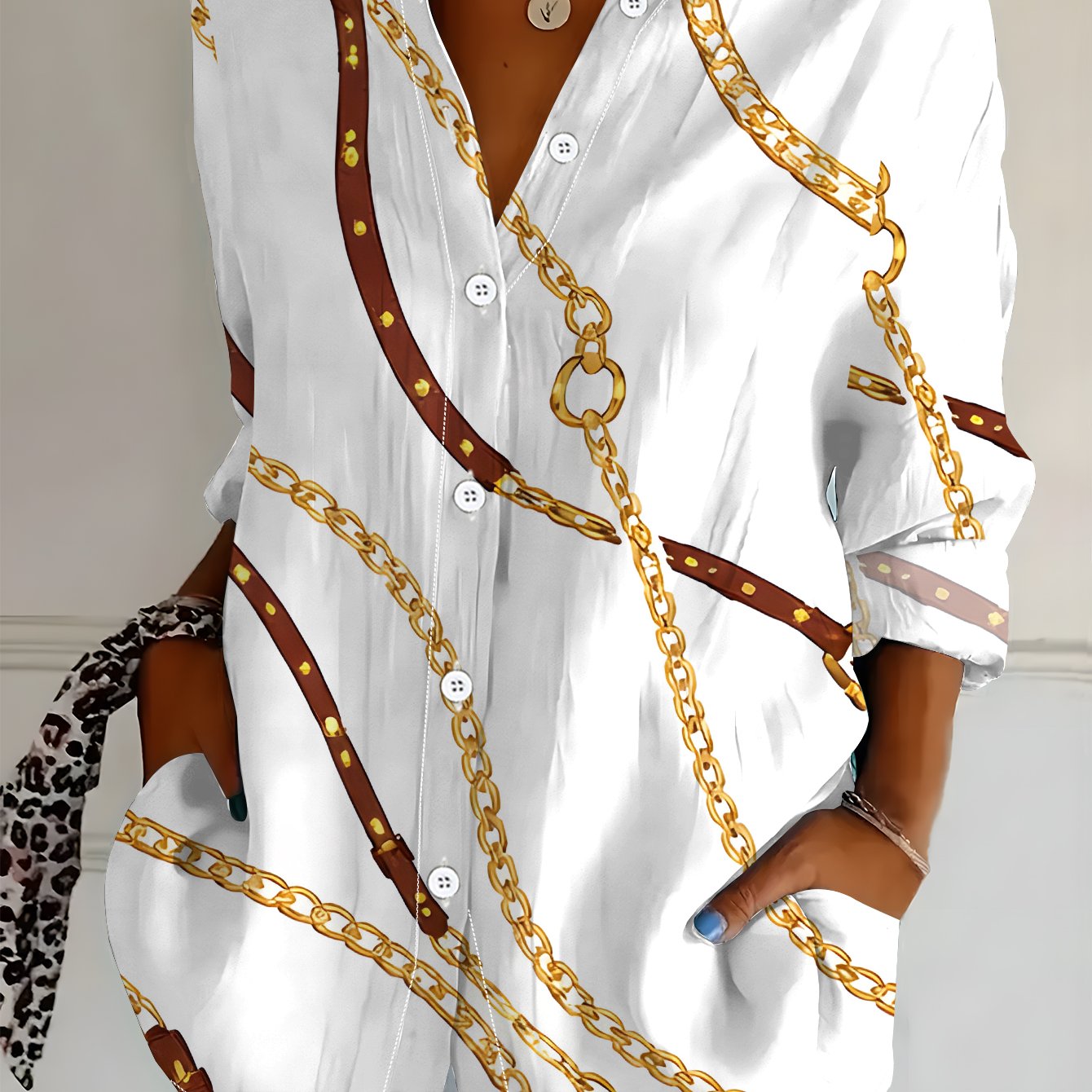 TEMU Plus Size, Women's Long Sleeve Shirt, Chain Print Blouse, Printed Shirt, Pattern, Women's Floral Shirt, Simple , Women's Casual Shirt, Soft And