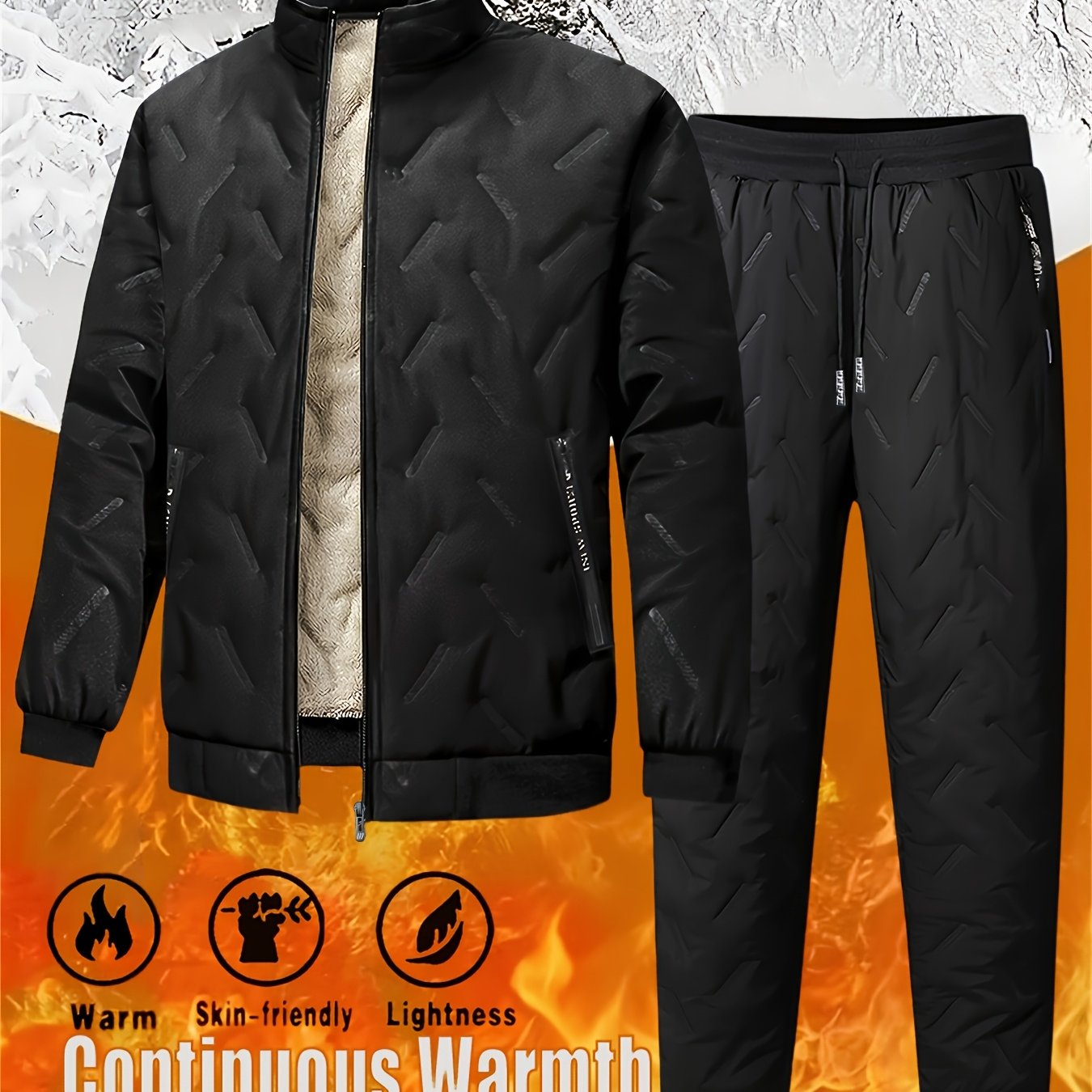 TEMU 2pcs Set - Men's Winter Jacket + Trousers Thermal Suit - Casual Stand Collar With Zipper Pockets, Suitable For Outdoor And Casual Wear, Winter
