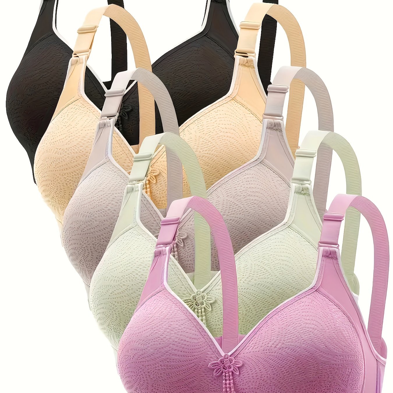 TEMU 5pcs Set Women's Wire-free Full Coverage Bras - Plus Size Thick To Thin Matching Cup Set, Non-detachable Pads, Comfortable Casual Attire, No
