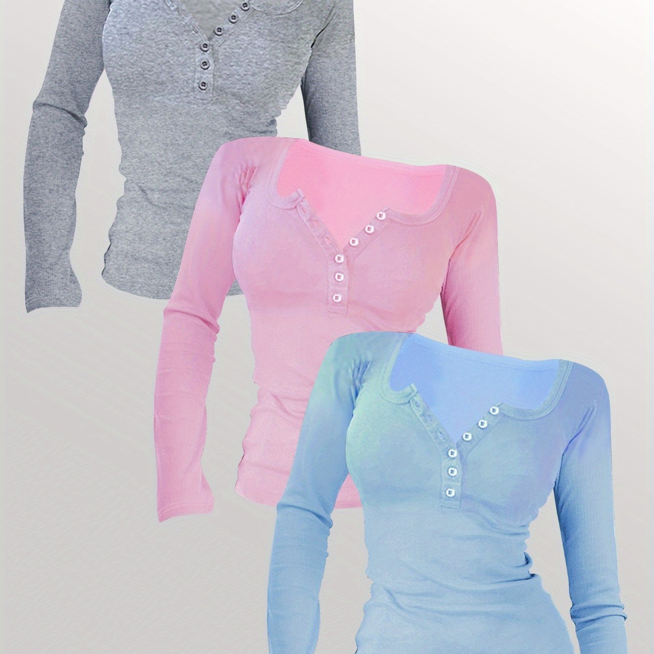 TEMU Women's -season Versatile Long Sleeve Square Neck T-shirt 3pcs Set