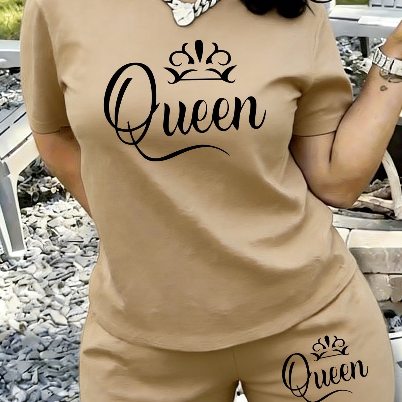 TEMU 2pcsqueen, Crownwomen's Summer Fashion Versatile Cool Print Round Neck Short Sleeve Short Pants With Pockets Casual Set