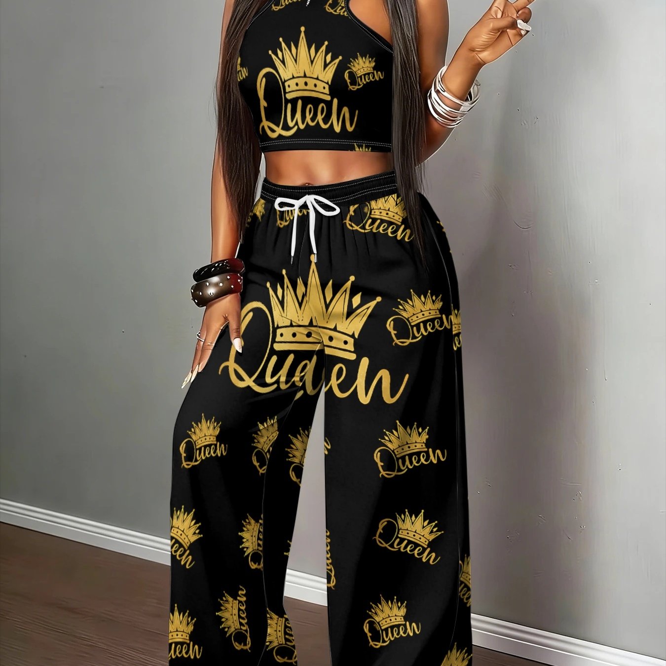TEMU Queen Wind Crown Letter Set Women Hot Stamping Print Halter Crop Top High Waist Wide Leg Pants Two-piece Set