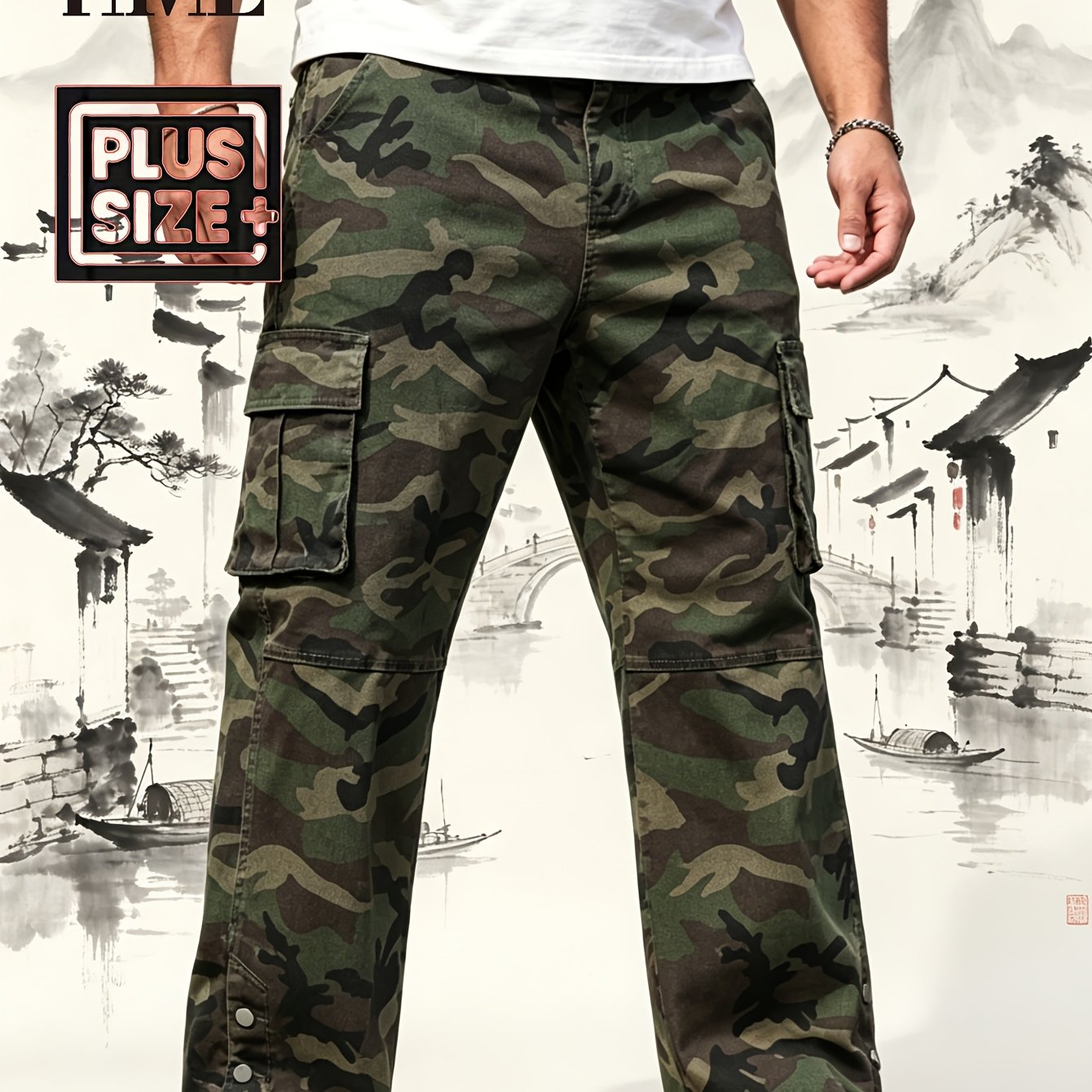 Image of Hme Men's Plus Size Camouflage Cargo Pants - Wide Leg Trousers With Multi-, Adjustable Button Cuff, Washed & Camo Suitable For Outdoor,,, Casual Wear (machine Washable), Plus Size
