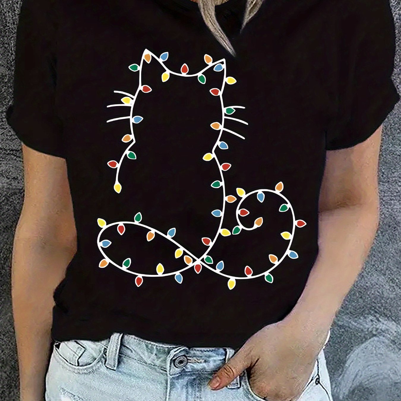 TEMU Plus Size, Print Plus Size Women's Casual T-shirt, Round Neck, Short Sleeved, Slightly Elastic Fabric, Regular Style, Comfortable Top For Women