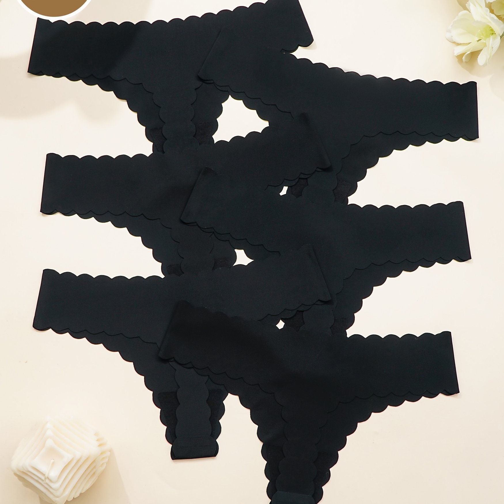 Image of 6 Pack Women' Scallop Trim Seamless Thongs - -string Panties, Breathable Comfortable Lingerie Underwear, Non- Elegant Fan-shaped For Daily Wear & Special Occasions (6pcs Pack)