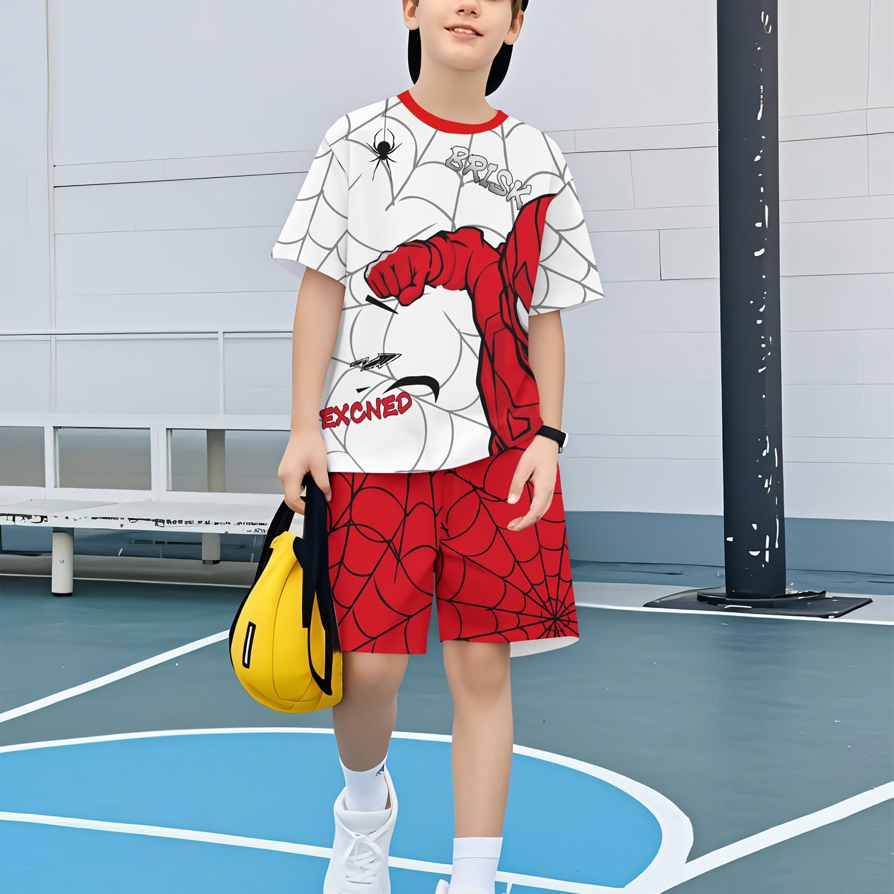 E-shop Neues rotes Superhelden-Muster 3D-Druck Top Kurzarm Shorts Zweiteiliges Set Mädchen und Jungen Top Kurzarm Set, für Outdoor