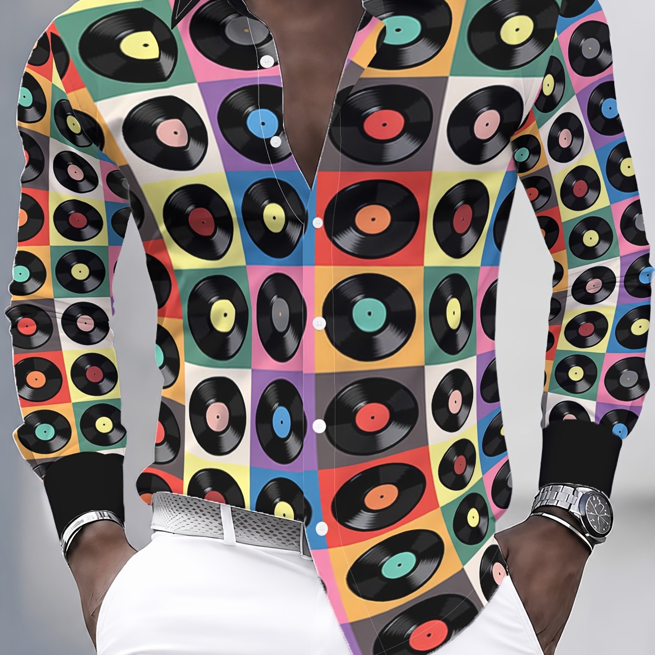 TEMU [printed Design â Not Textured] Men's Casual Long-sleeve Shirt With Vinyl Record Print, Stylish And Versatile For Beach Vacations