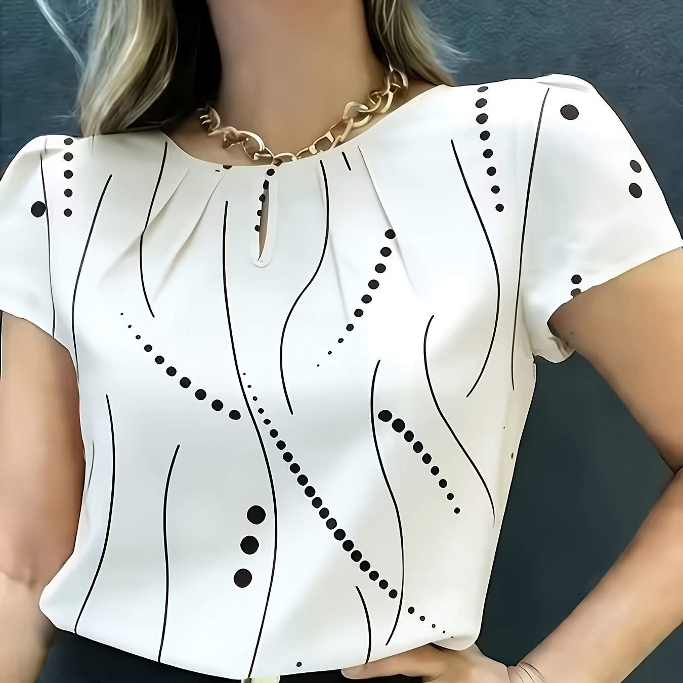 TEMU Women's Elegant Polka Dot Blouse - Short Sleeve Round Neck Shirt With Chest , Loose Fit Non-stretch Blouse Suitable For Spring Summer Fall,