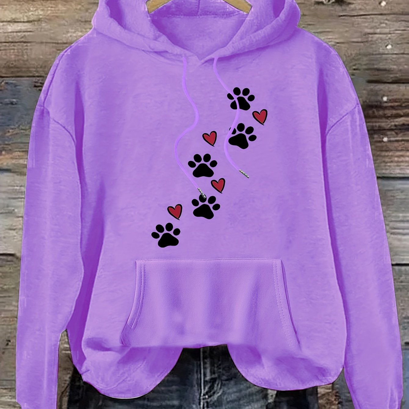 TEMU Women's Casual Fashion Hoodie & Dog Paw Print, Cozy Polyester Pullover With Kangaroo Pocket - Machine Washable