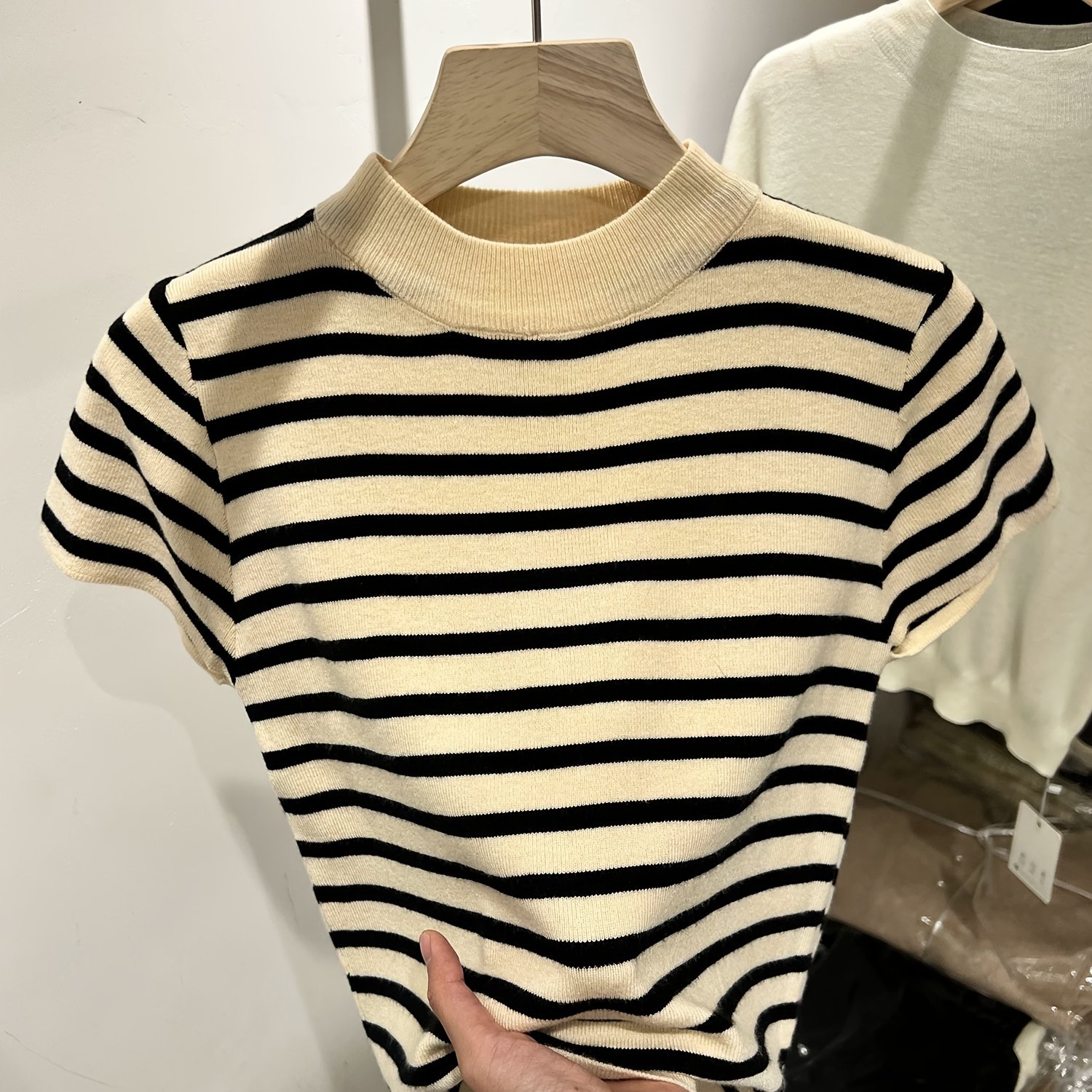 TEMU High-neck Striped Short-sleeve Short- Sweater, Slim- For Summer 2026