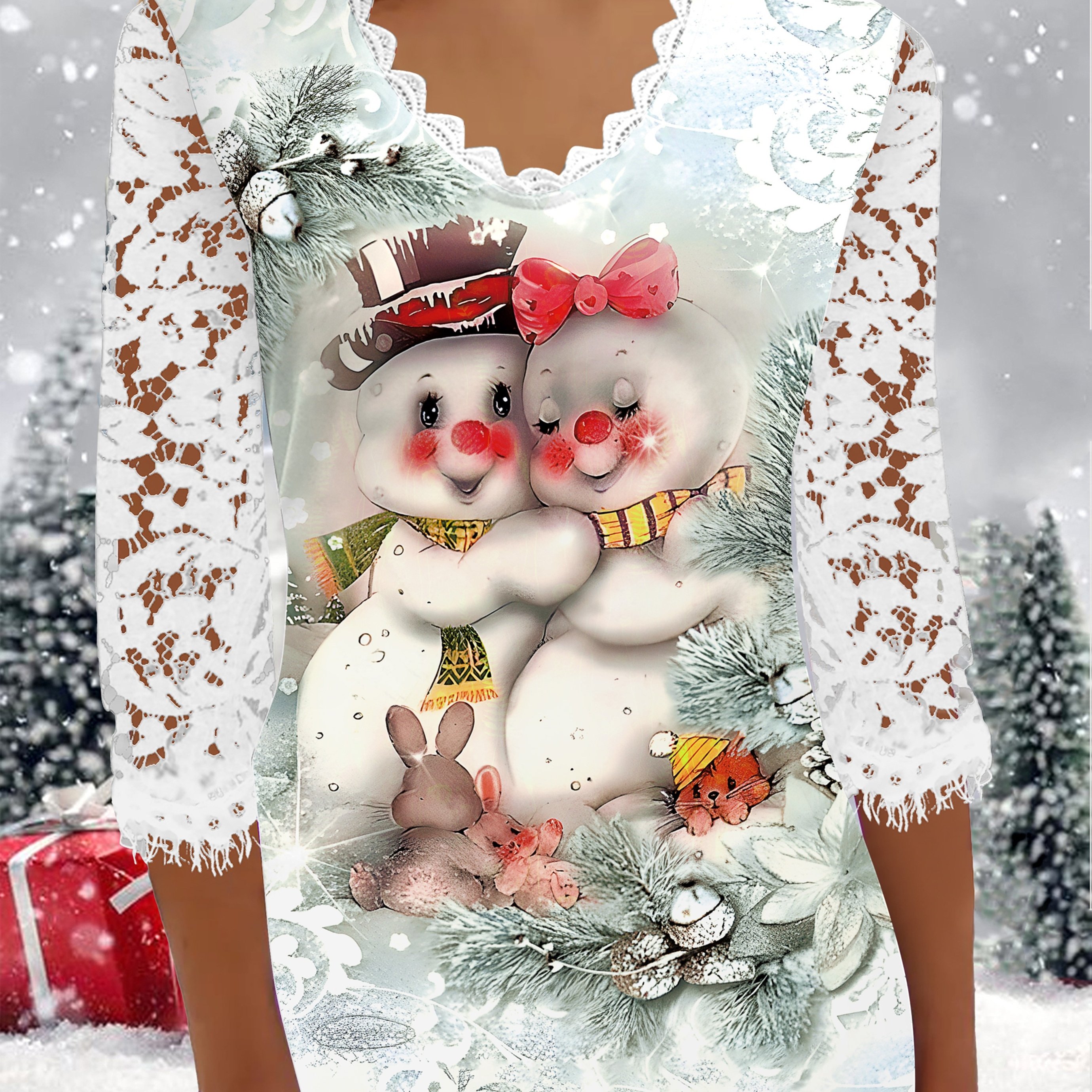 TEMU T-shirt élégant pour femme avec dentelle épissée et imprimé, Haut élégant pour femme avec dentelle et imprimé Père Noël de festival
