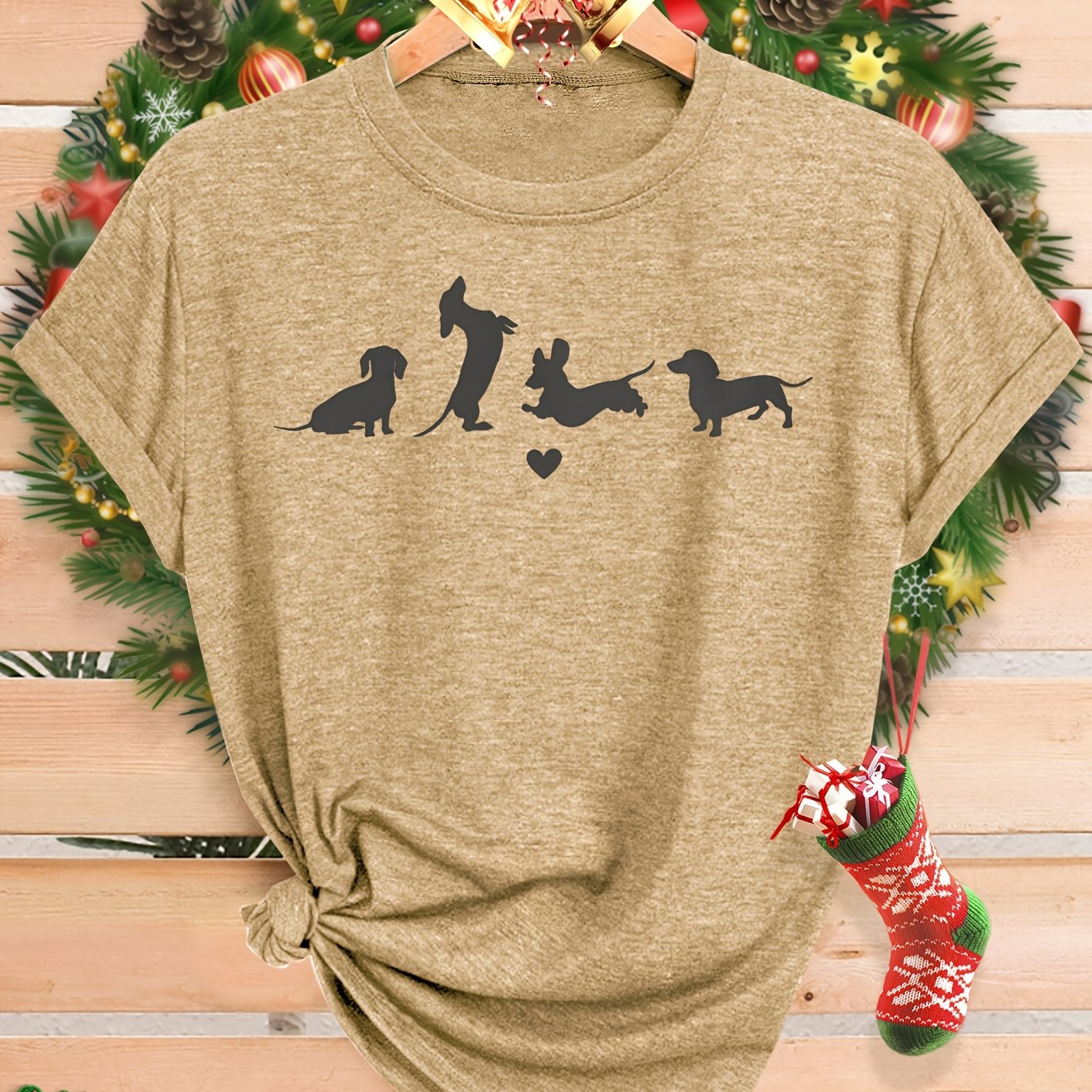 TEMU Christmas Christmas Gift Dachshund Silhouette Heart Pattern Print Fashionable Elegant Women's Spring, Summer And Autumn Casual Sports Style Top