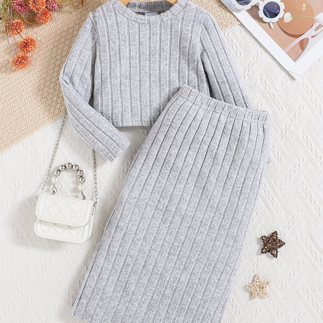 Autumn/winter 2pcs Set For Girls Ages 3: Long-sleeve Ribbed Cropped Top + Fashionable High-waist A-line Fitted Skirt With Slit, Mid-length, Comfortable, Casual, And Stylish Outfit