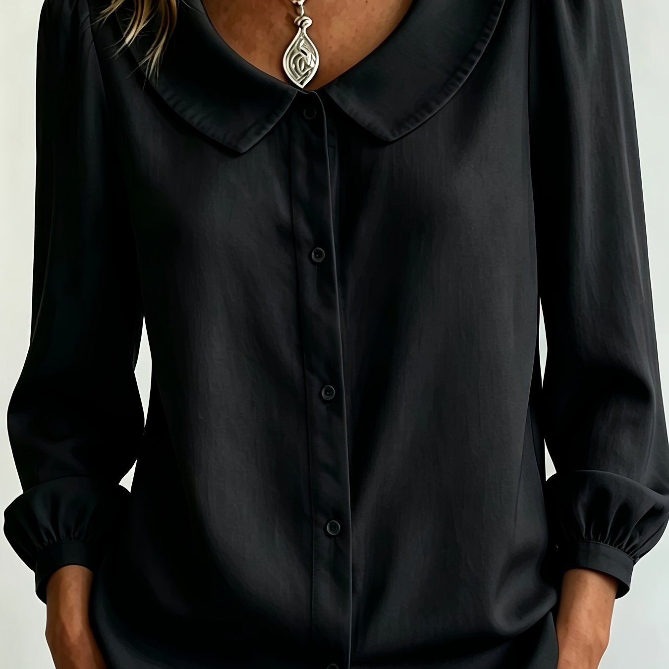 TEMU Blouse pour femme à col Peter Pan et manches bouffantes de couleur unie, chemise respirante et légère à manches longues