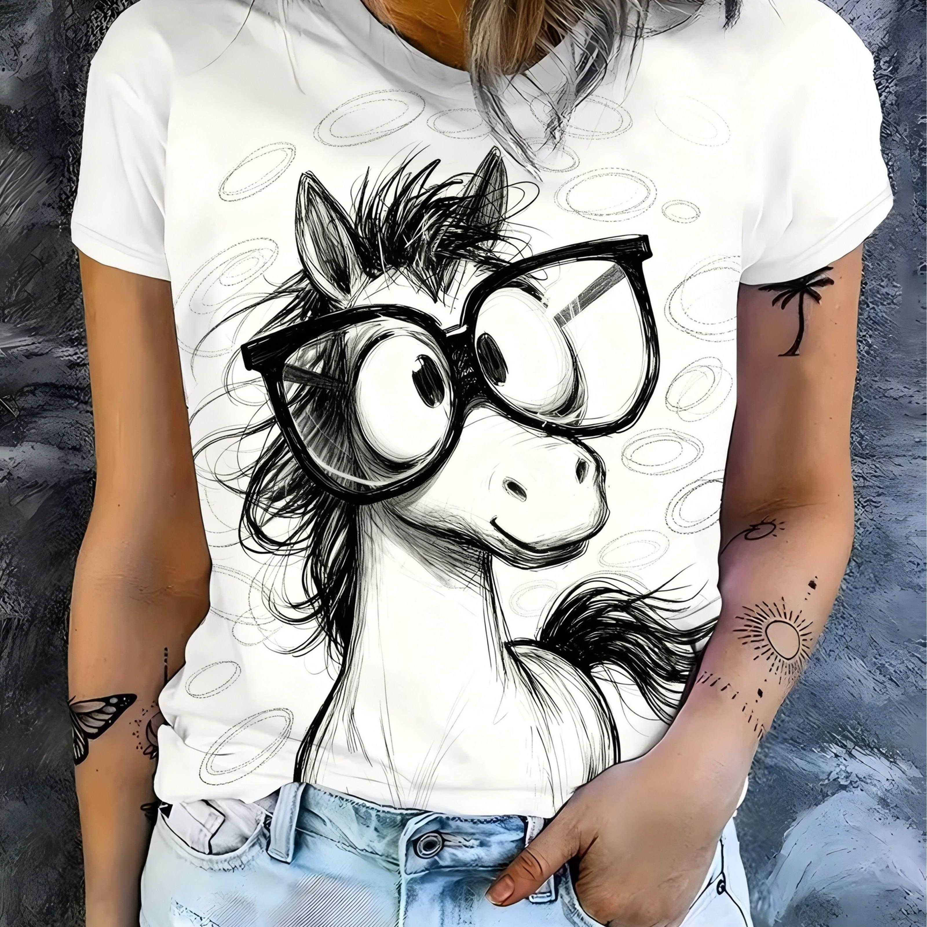 TEMU [printed Design-not Textured] Glasses Cartoon Print Short Sleeve T-shirt Women's Casual Trendy Cool Top, Machine Washable Perfect Gift