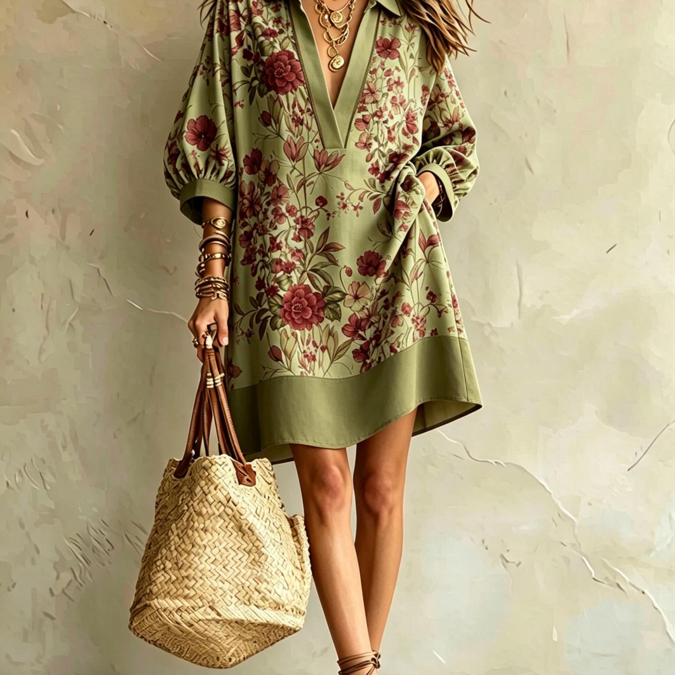 Image of Women's Summer Dress Pattern Print 3/4 Sleeve Collared Shirt Dress Floral Prints Elegant Luxurious Ladies Dress Made Of Fabric Loose Design Ideal For Vacation And Daily Outfits