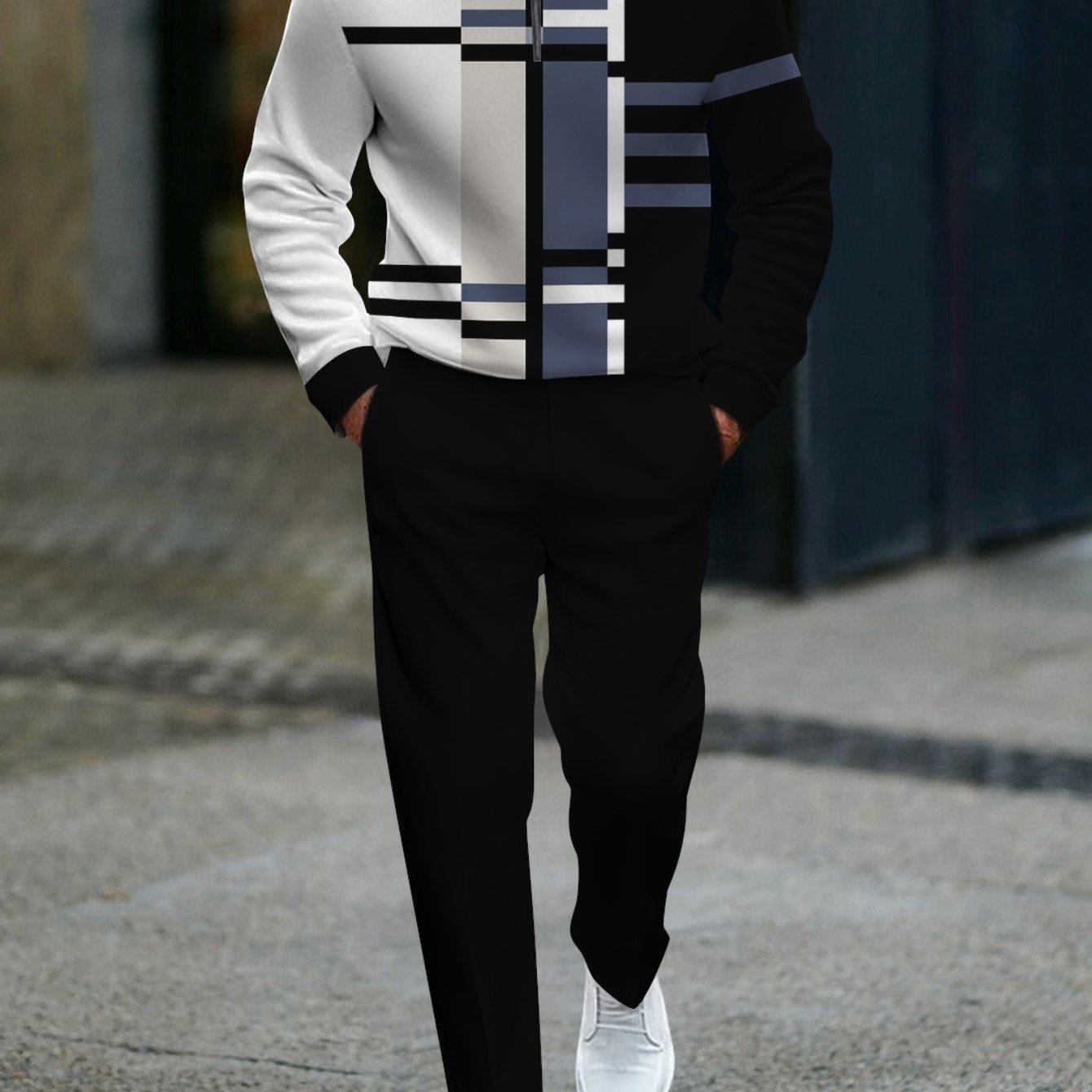 TEMU Slim Fit Men's Fashion Casual Trendy Adult 3d Printed Tracksuit With Half Zip Sweatshirt And Straight Leg Pants Abstract Geometric Pattern In