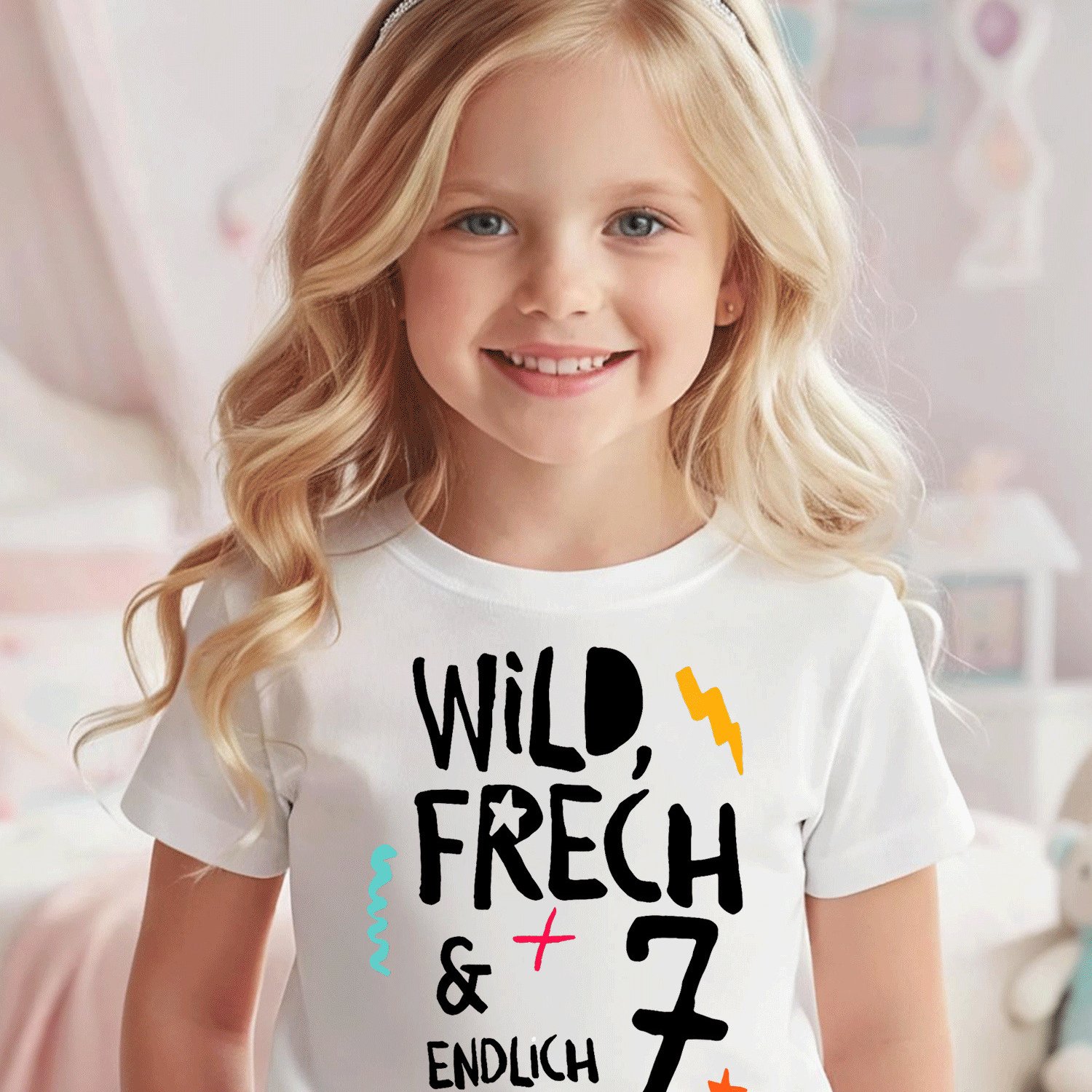 Image of Children's T-shirt Wild, Cheeky& 7, Children's Birthday Birthday T-shirt, Black Comfortable Casual Crew Neck Tee For Boys And Girls T Shirt, 200g