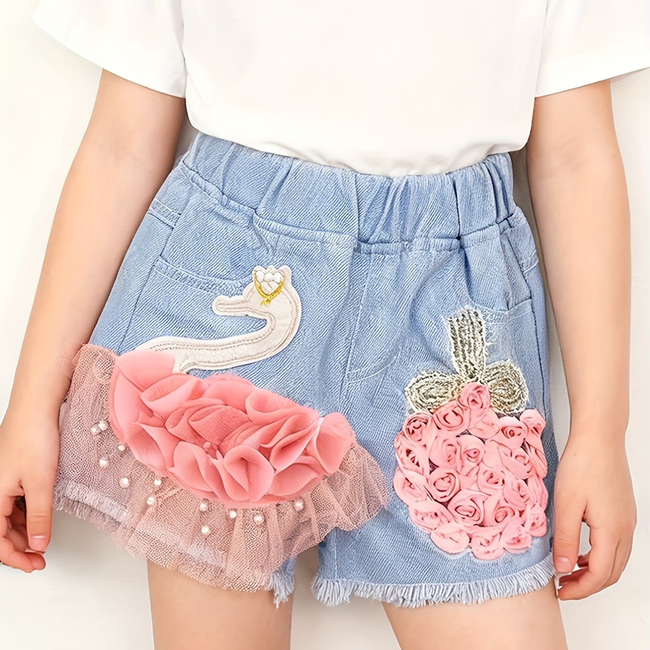 Image of ' Embroidered Swan Denim Shorts, Versatile Outerwear Pants For Girls, Rose Flower Thin Casual Shorts For Children, Perfect For Outdoor