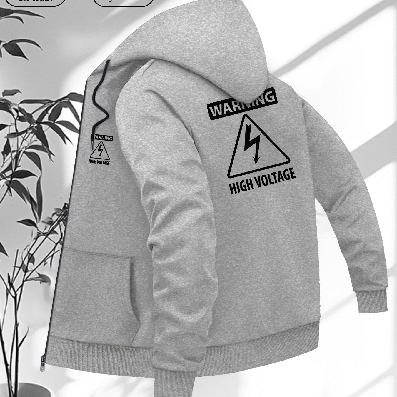 TEMU Men's Casual Zip-up Hooded Jacket With Electric Warning Print - Made Of, Machine Washable, Features Casual Pockets, Zip-up Hoodie Style, And