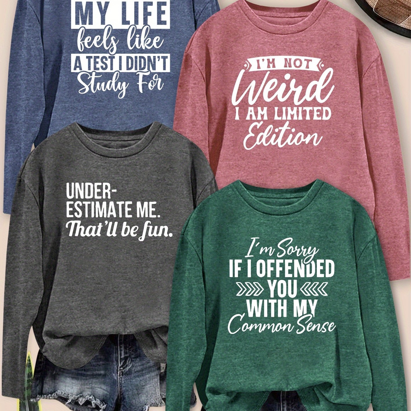 TEMU 4pcs Fashion Life Humor Theme Print Round Neck Elegant Women's Long Sleeve T-shirt, Comfortable Soft Breathable Summer Autumn Winter Daily