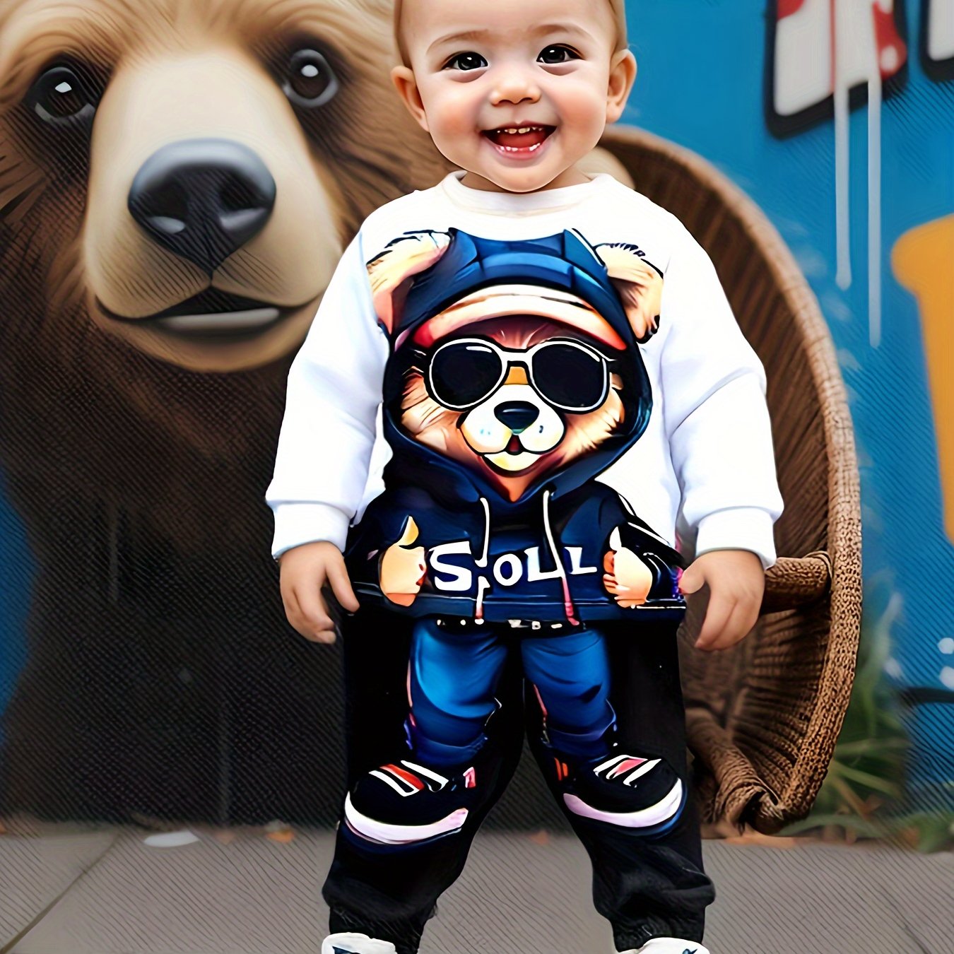 Image of European And American Baby Boy Autumn And Winter Popular Bear Print Hoodie+print Sweatpants Two-piece Set, For Outdoor, Christmas, Halloween