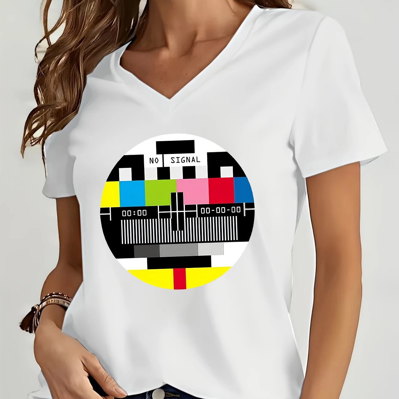 TEMU Women's Casual V-neck T-shirt With "" Graphic Print - Soft, Short Sleeve, Round Neck, Black With Colorful Stripes, Perfect For Summer & Casual